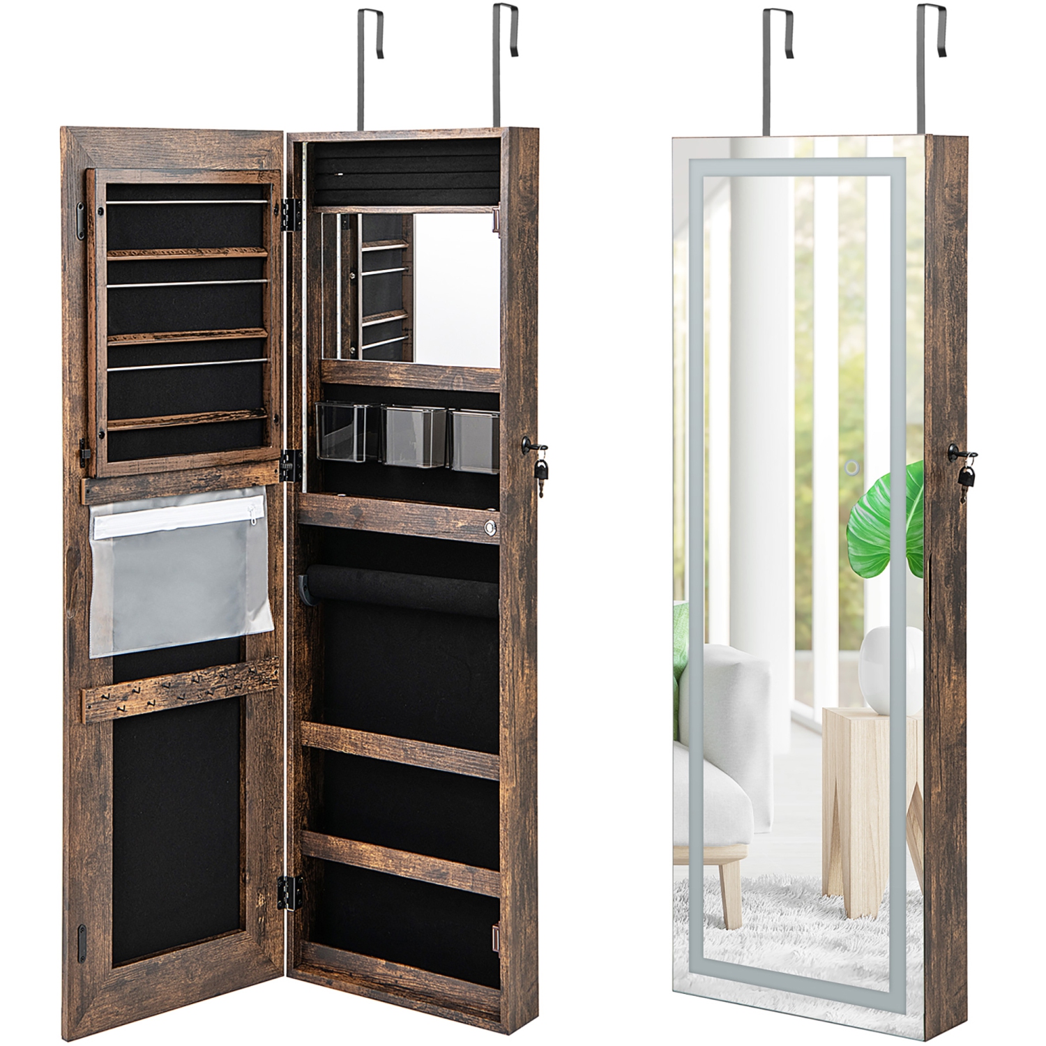 Gymax LED Mirror Jewelry Cabinet Wall/Door Mounted Organizer Armoire w/ 3 Color Light