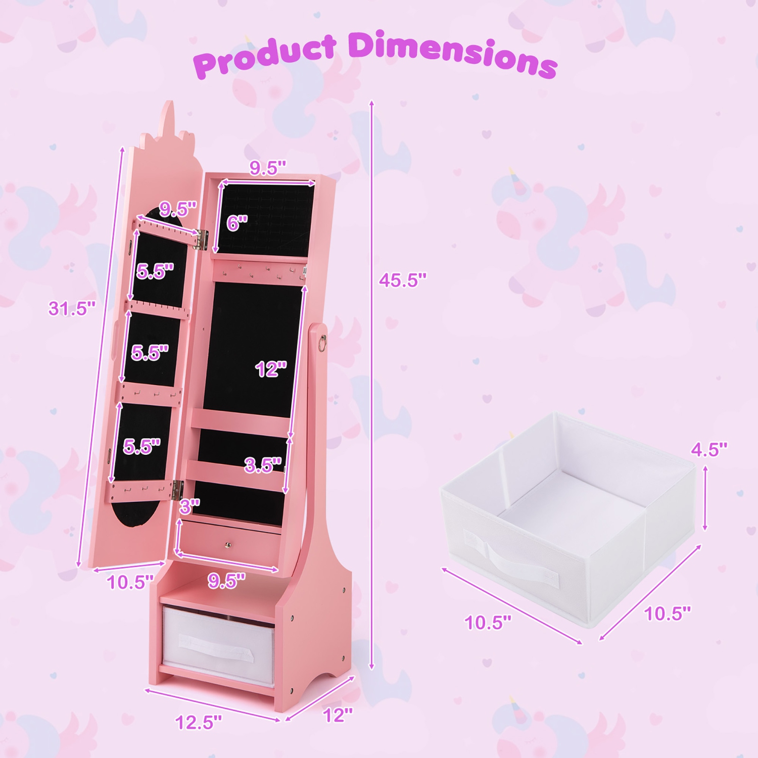 Gymax Kids Jewelry Cabinet w/ Full-Length Mirror 2 Adjustable Tilt Angles Drawer Pink