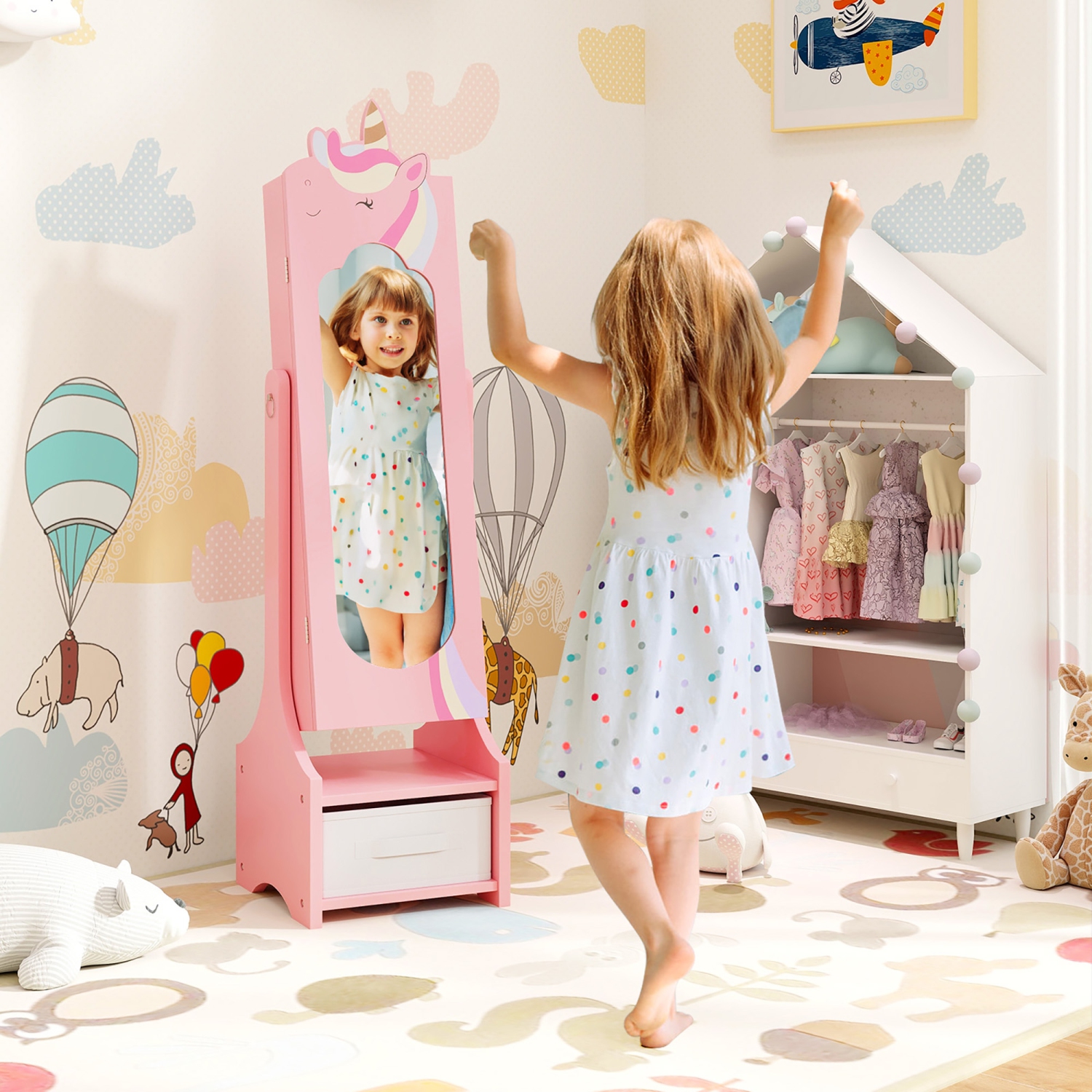 Gymax Kids Jewelry Cabinet w/ Full-Length Mirror 2 Adjustable Tilt Angles Drawer Pink