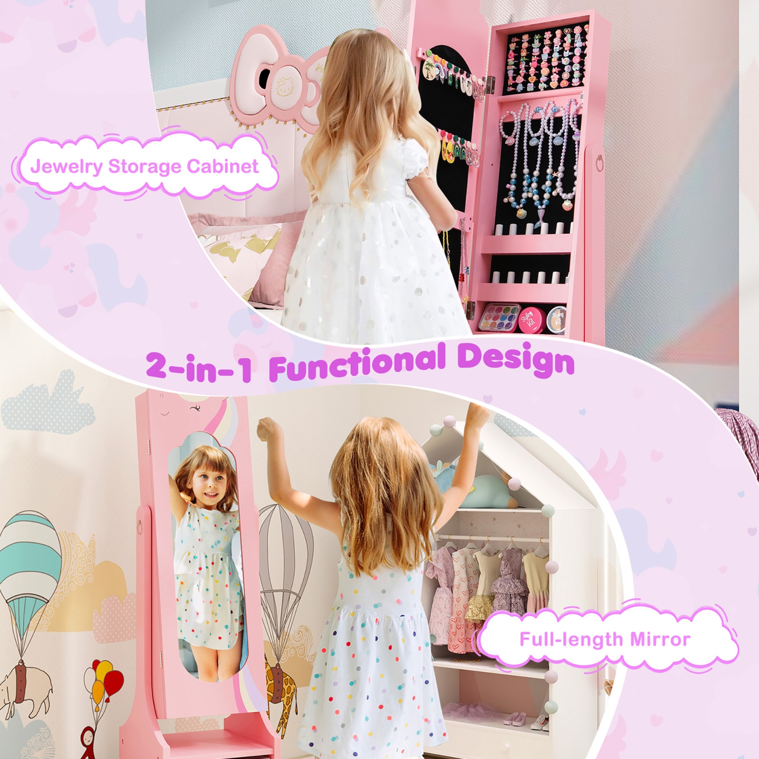 Gymax Kids Jewelry Cabinet w/ Full-Length Mirror 2 Adjustable Tilt Angles Drawer Pink