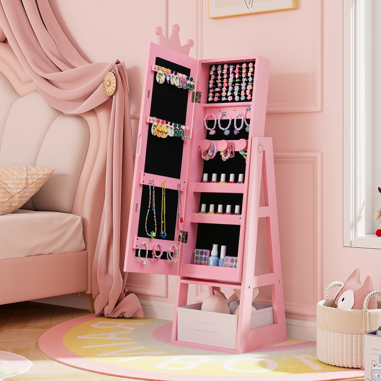 Gymax Kids Jewelry Cabinet w/ Full-Length Mirror Foldable Drawer Anti-toppling System