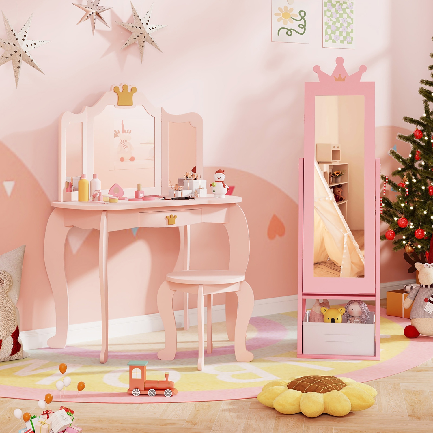 Gymax Kids Jewelry Cabinet w/ Full-Length Mirror Foldable Drawer Anti-toppling System