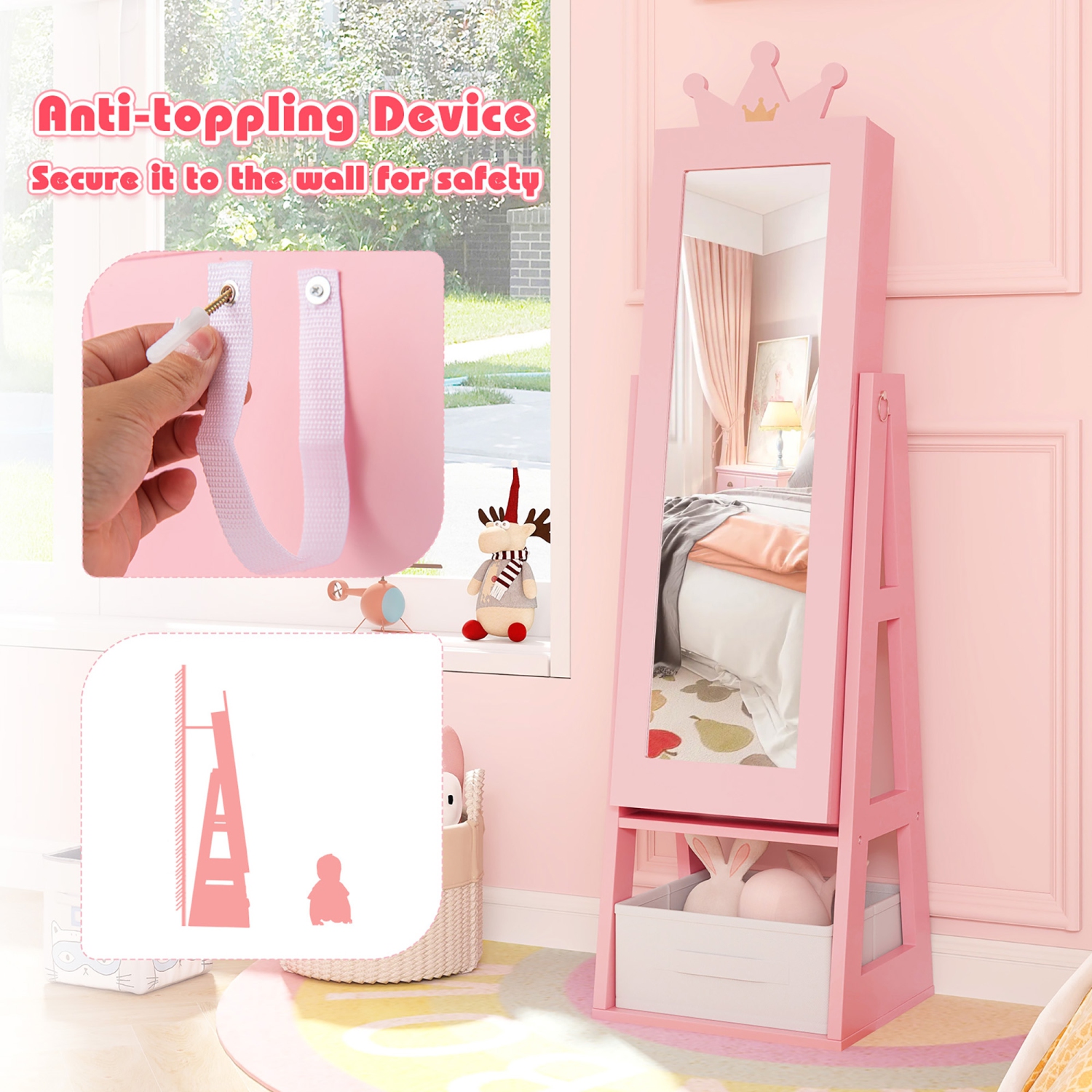 Gymax Kids Jewelry Cabinet w/ Full-Length Mirror Foldable Drawer Anti-toppling System