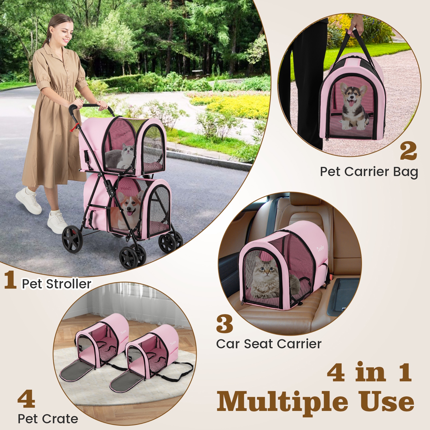 Gymax 4-in-1 Double Pet Stroller w/ Detachable Carrier Travel Carriage for Cats