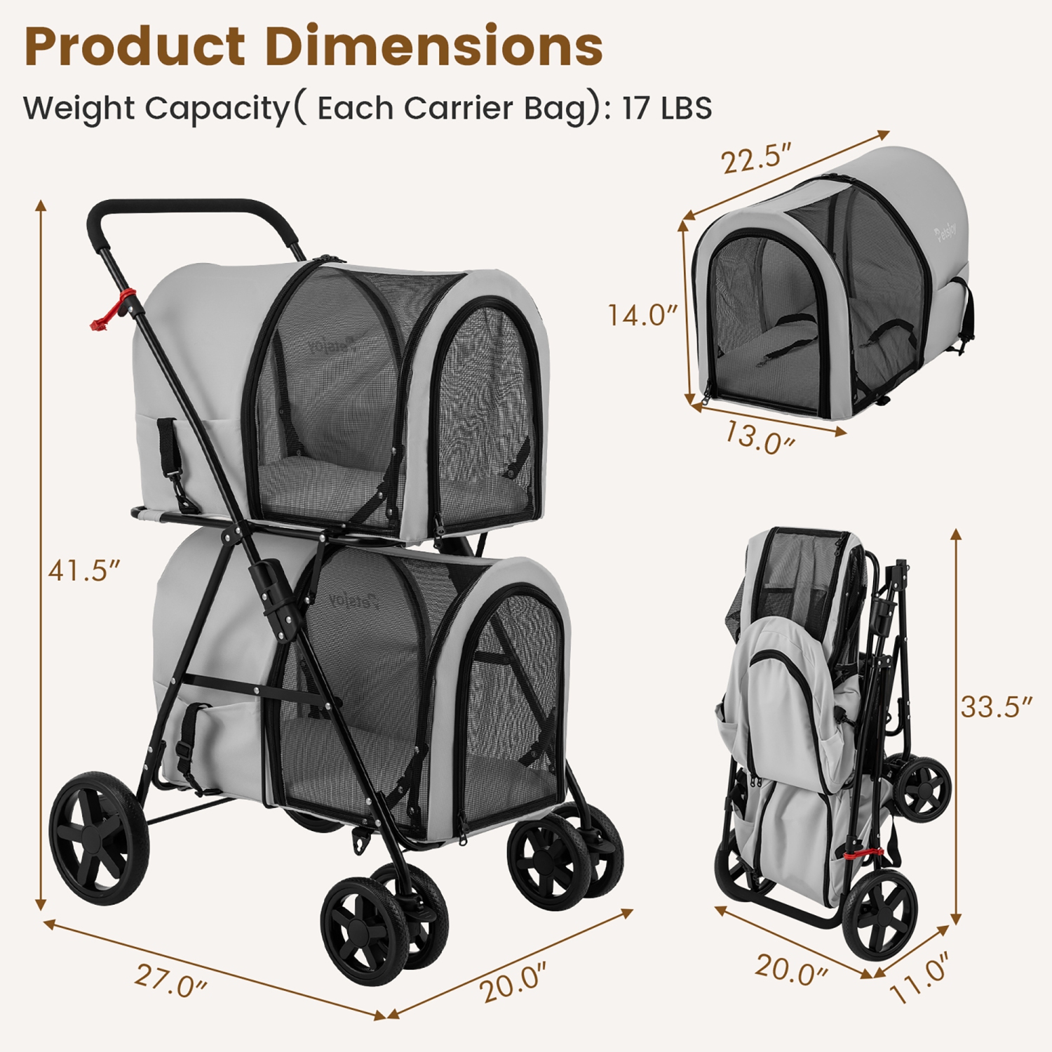 Gymax 4-in-1 Double Pet Stroller w/ Detachable Carrier Travel Carriage for Cats