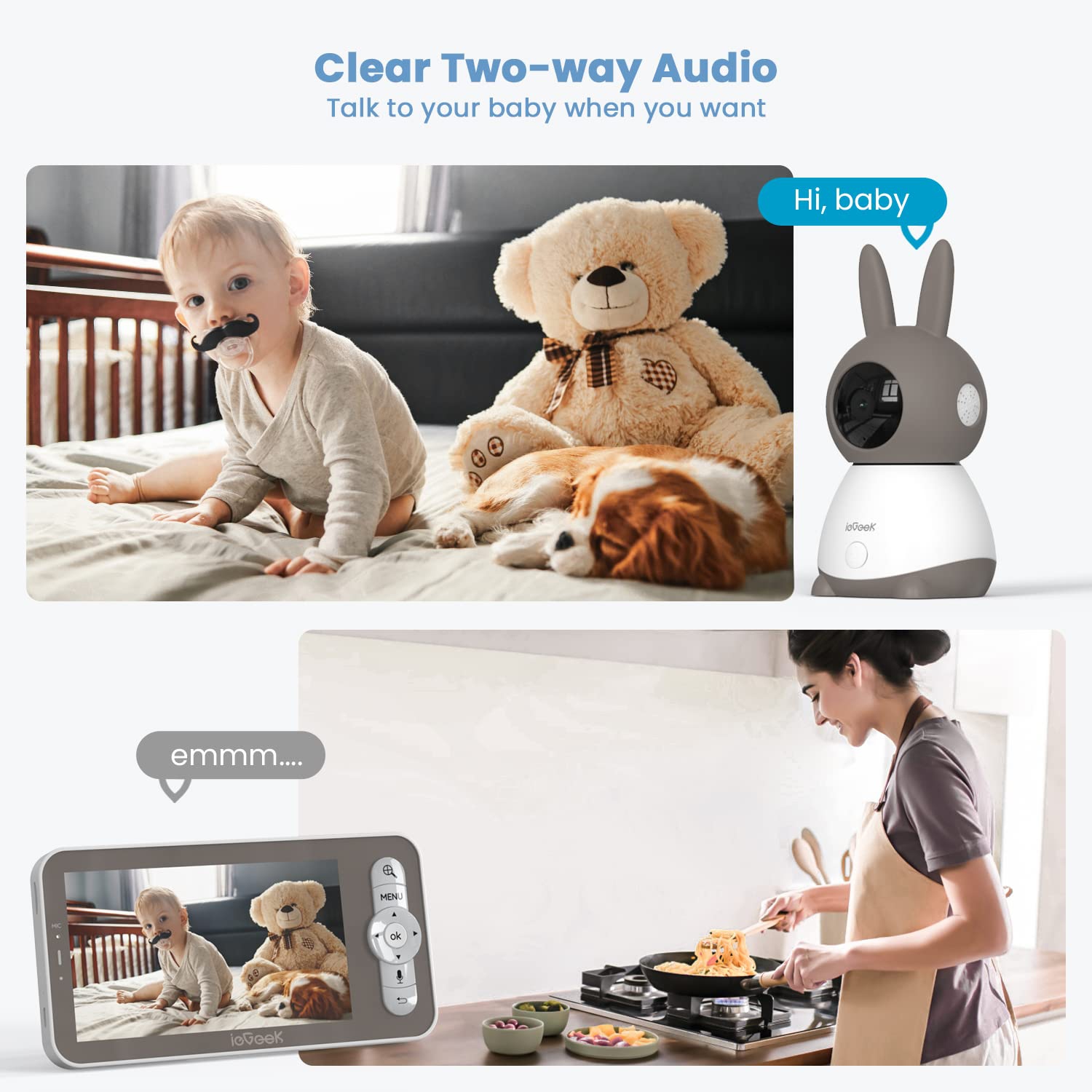 ieGeek 2K Baby Monitor , 360° AI & Cry Detection w/ 5" Wireless Display, Mobile APP Control & Non WiFi LCD Monitor,2 Way Audio,