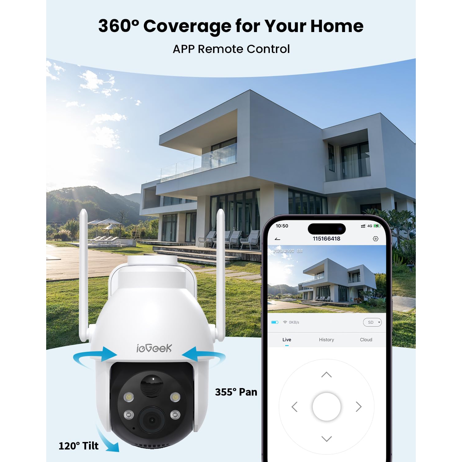 ieGeek 2K Solar Security Cameras Wireless Outdoor, WiFi , 360°PTZ Cam with 3MP Color Night Vision, PIR Motion Detection, 2-Way Audio, Alarm