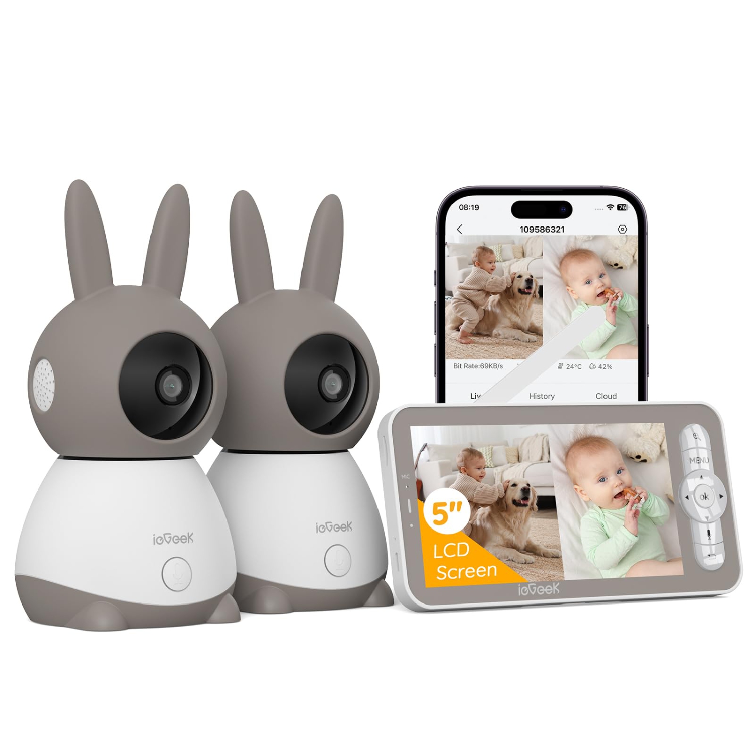 ieGeek 2K Video Baby Monitor with 2 Cameras and 5" LCD Monitor,360 degree, View Split Screen, WiFi, Motion & Cry Detection, 2-Way Audio, 1000ft Range, Temperature, Lullabies - Grey