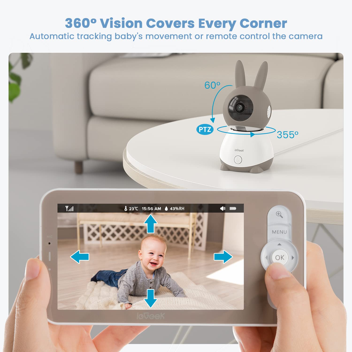 ieGeek 2K Video Baby Monitor with 2 Cameras and 5" LCD Monitor,360 degree, View Split Screen, WiFi, Motion & Cry Detection, 2-Way Audio, 1000ft