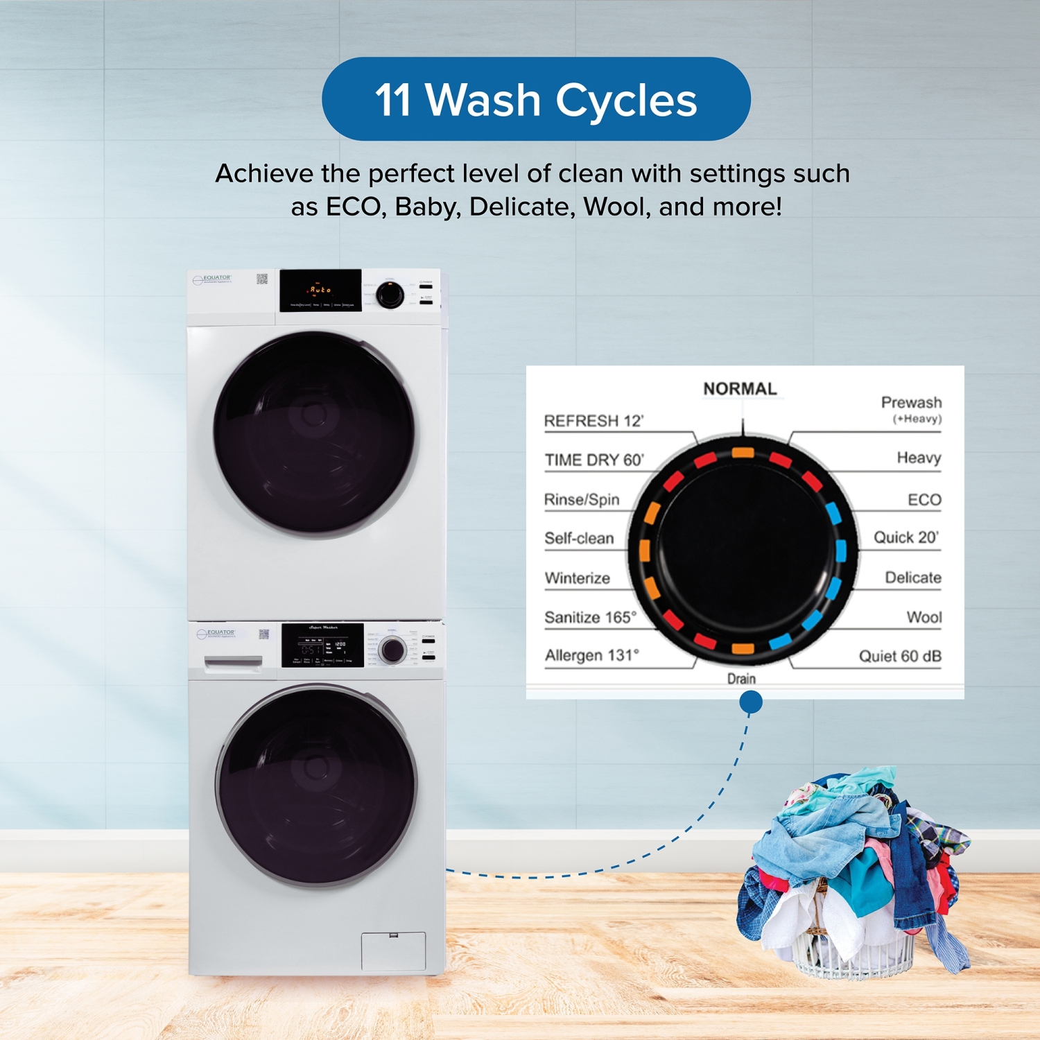 Equator Regular Stackable 18 Lbs Washer 1.9cf 110V + Vented Sensor Dryer 4cf 220V