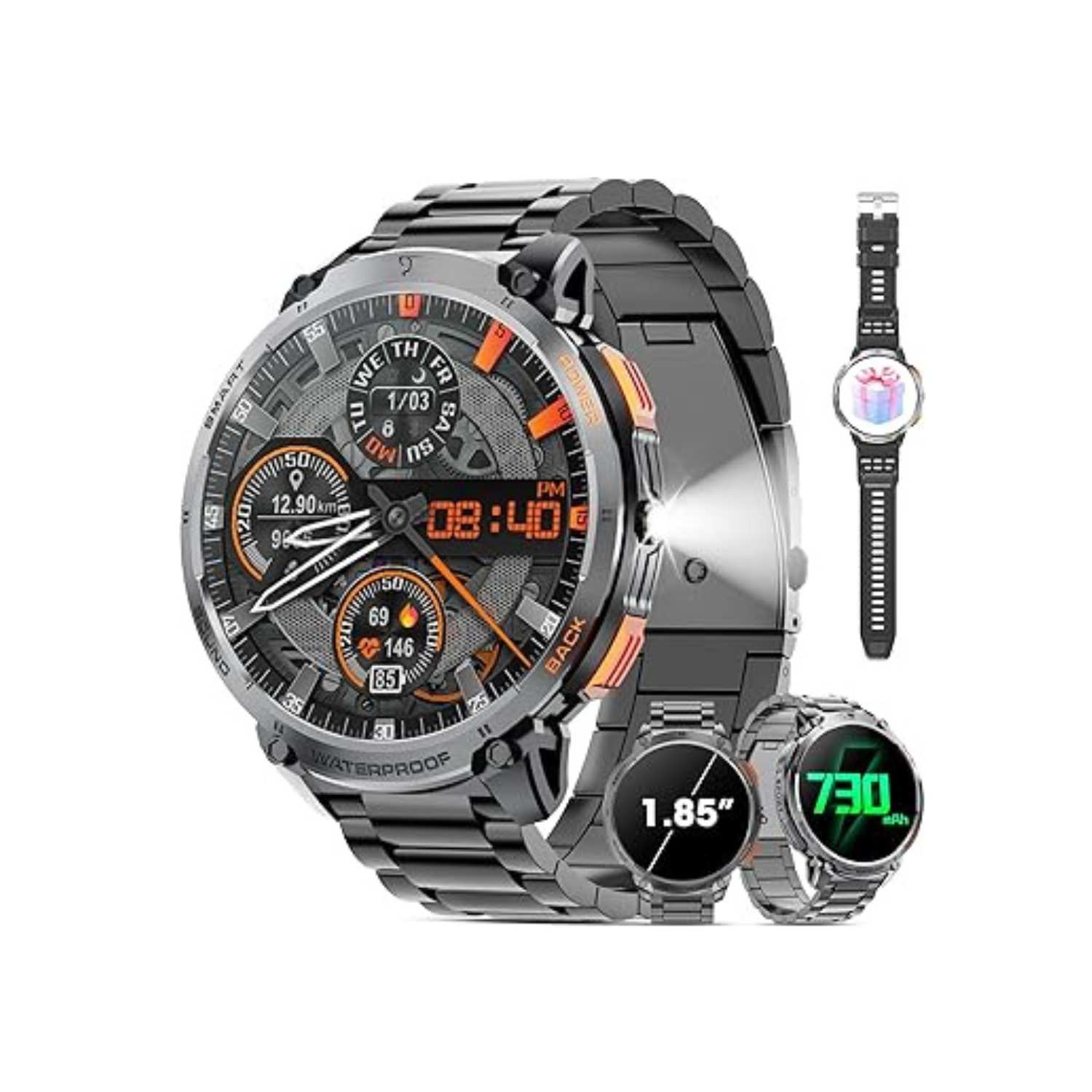 Military Smart Watch for Men 1.85" HD Touch Screen 730mAh Battery Smart Watches with LED Flashlight for Android iOS （Bluetooth Call Answer/Dial