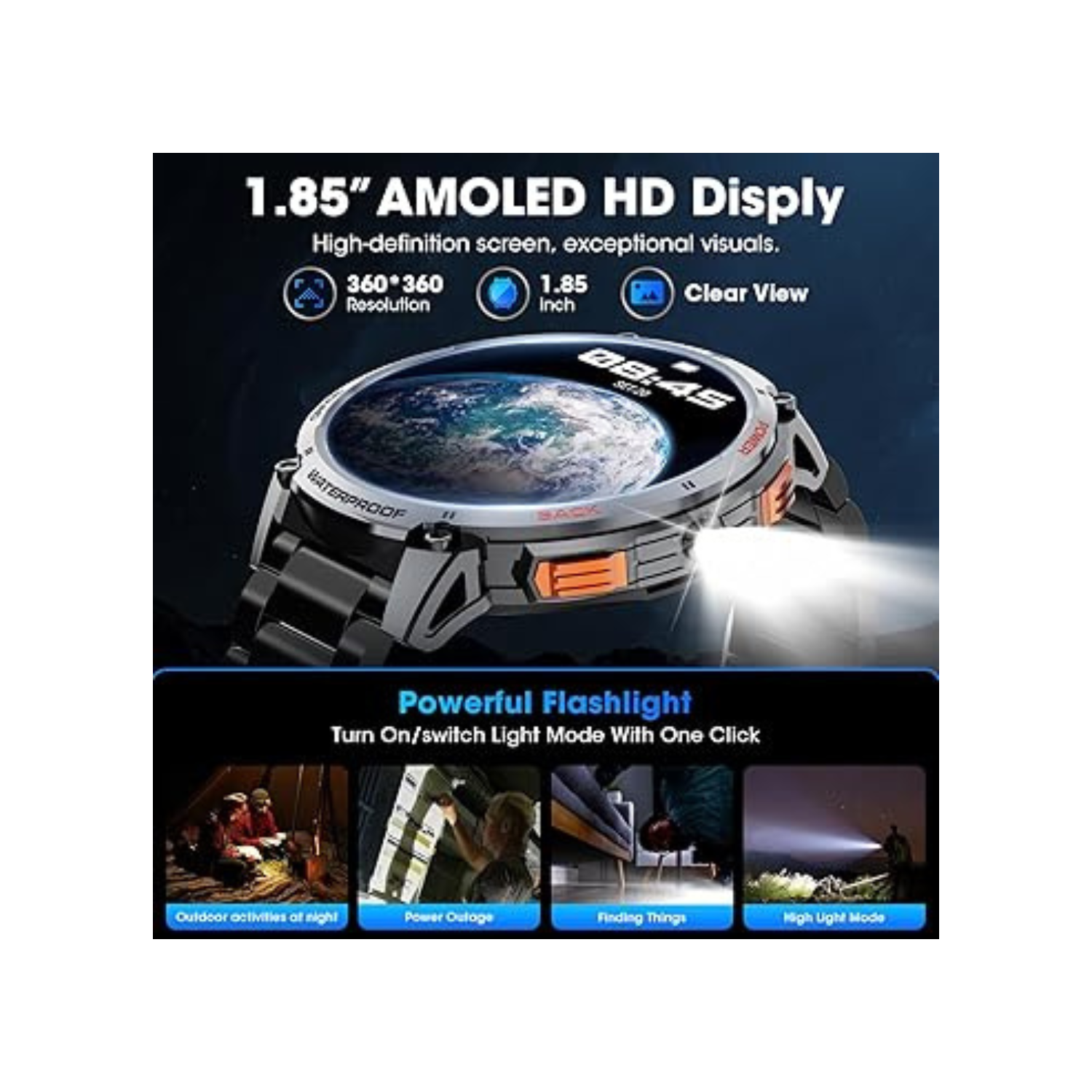 Military Smart Watch for Men 1.85" HD Touch Screen 730mAh Battery Smart Watches with LED Flashlight for Android iOS （Bluetooth Call Answer/Dial