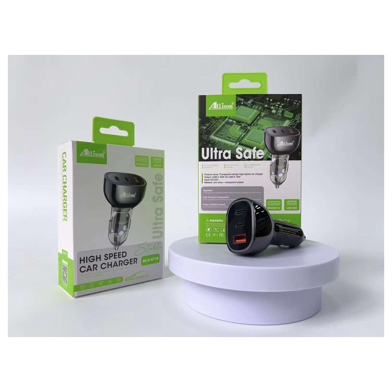 Chargeur de voiture haute vitesse Ultra Safe avec deux ports USB-C PD et USB-A.