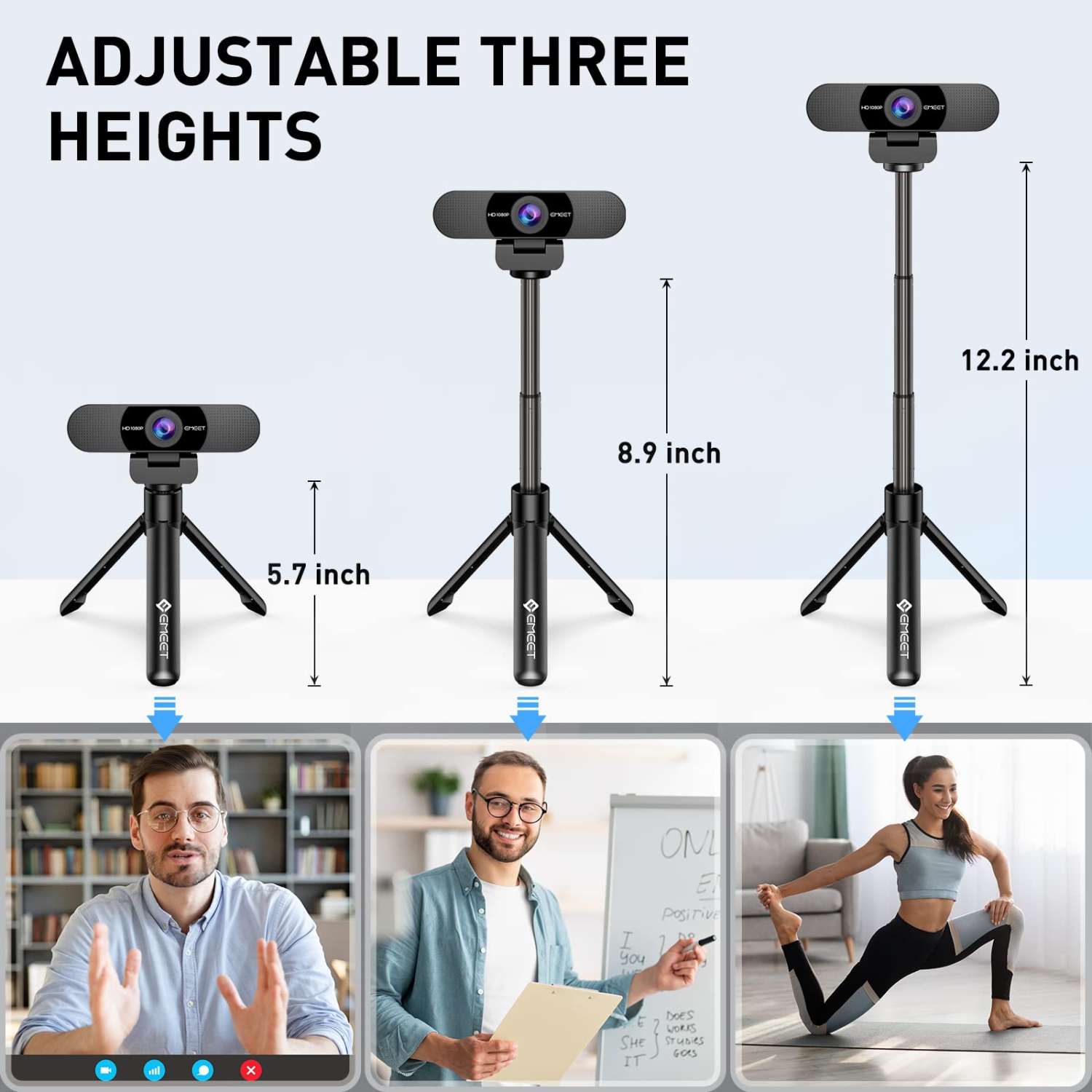 Caméra Web EMEET C960 avec trépied, caméra Web 1080p avec microphone, mini trépied à hauteur réglable, caméra Web C960 avec couvercle de