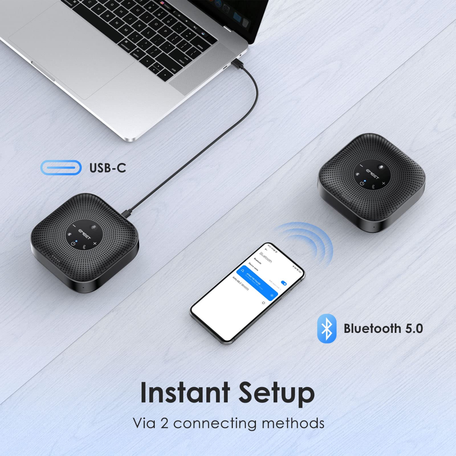 EMEET Conference Speakerphone M0 Plus, 4 AI Mics 360° Voice Pickup, Noise Reduction, USB C, Bluetooth Speakerphone for 8 People w/Daisy Chain for 16