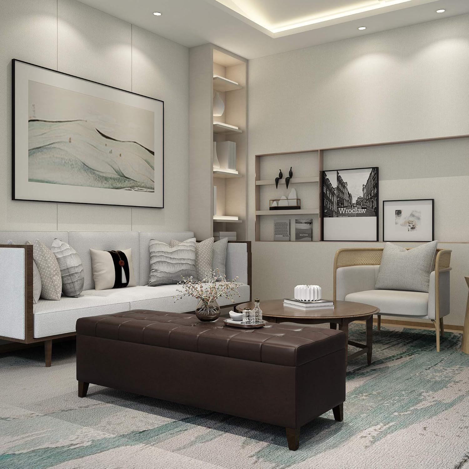 Pouf de rangement, banc de rangement de 51&nbsp;po, pouf en cuir de polyuréthane pour le salon, la chambre et l'entrée, brun