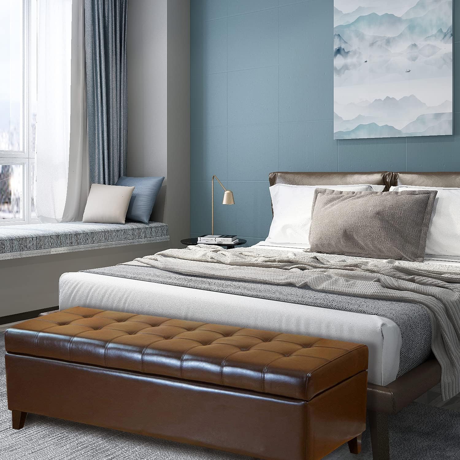 Pouf de rangement, banc de rangement de 51&nbsp;po, pouf en cuir de polyuréthane pour le salon, la chambre et l'entrée, brun