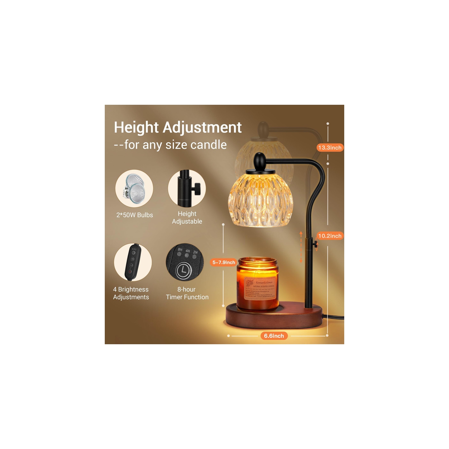 Candle Lamp with Timer & Dimmer - Height Adjustable for Scented Candles, With 2 * 50W Bulbs - Home Decor Gift for Mothers Day