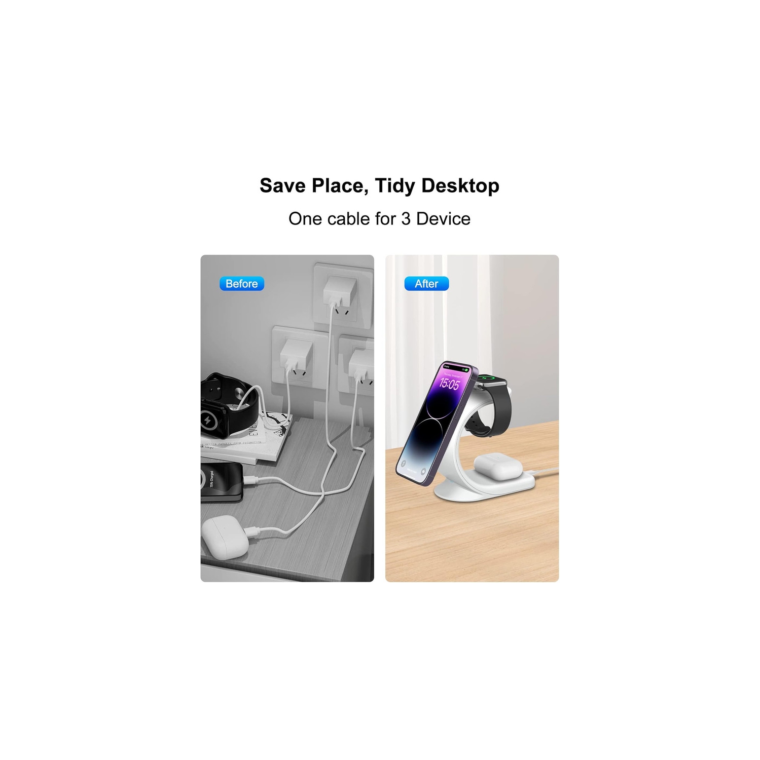 Support de chargement MagSafe, chargeur sans fil 3-en-1 avec adaptateur QC3.0, chargeur magnétique sans fil compatible avec iPhone 15,14,13,12 Pro