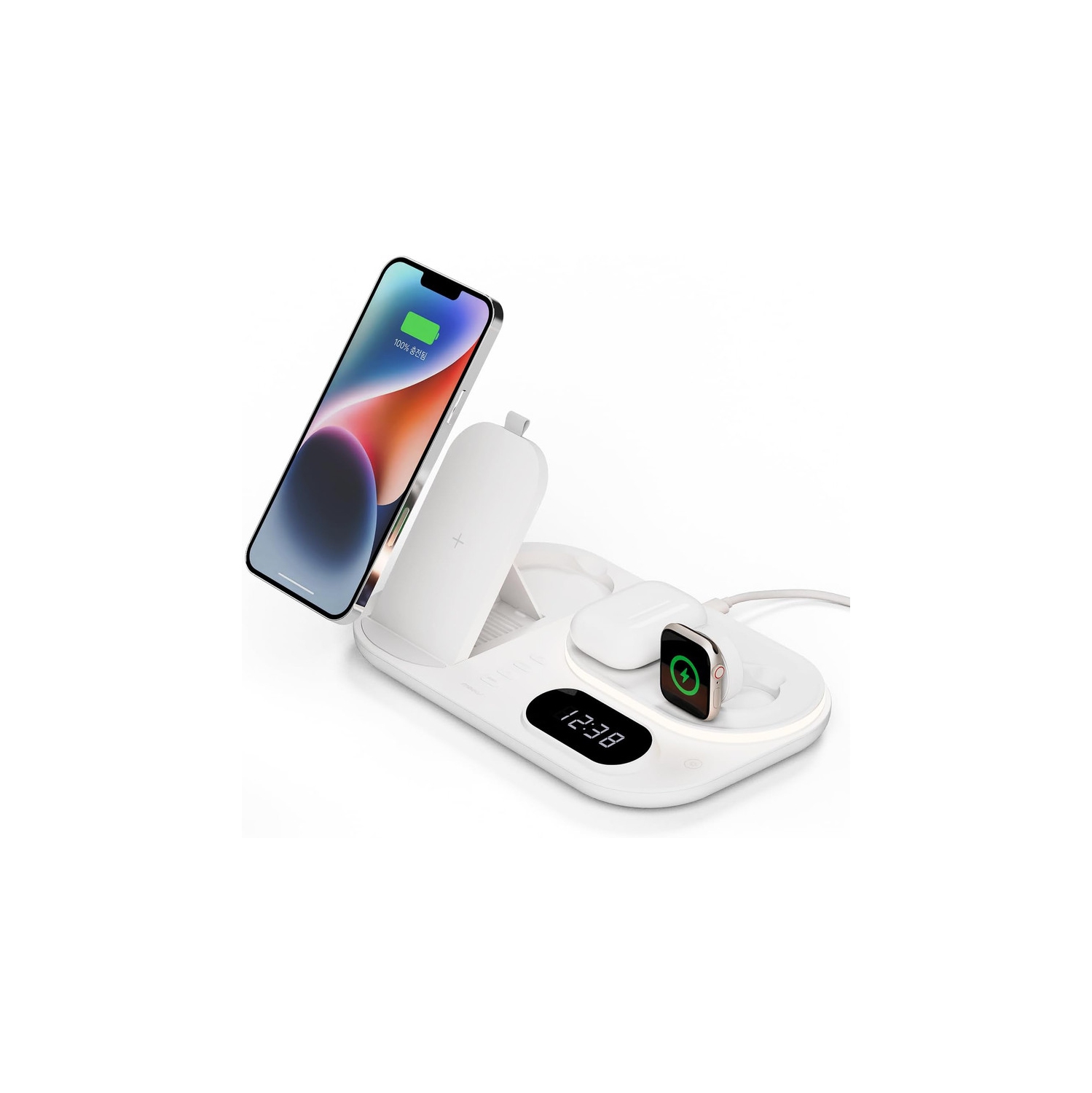 Réveille-matin 4-en-1 à recharge rapide sans fil, station de recharge sans fil avec horloge DEL