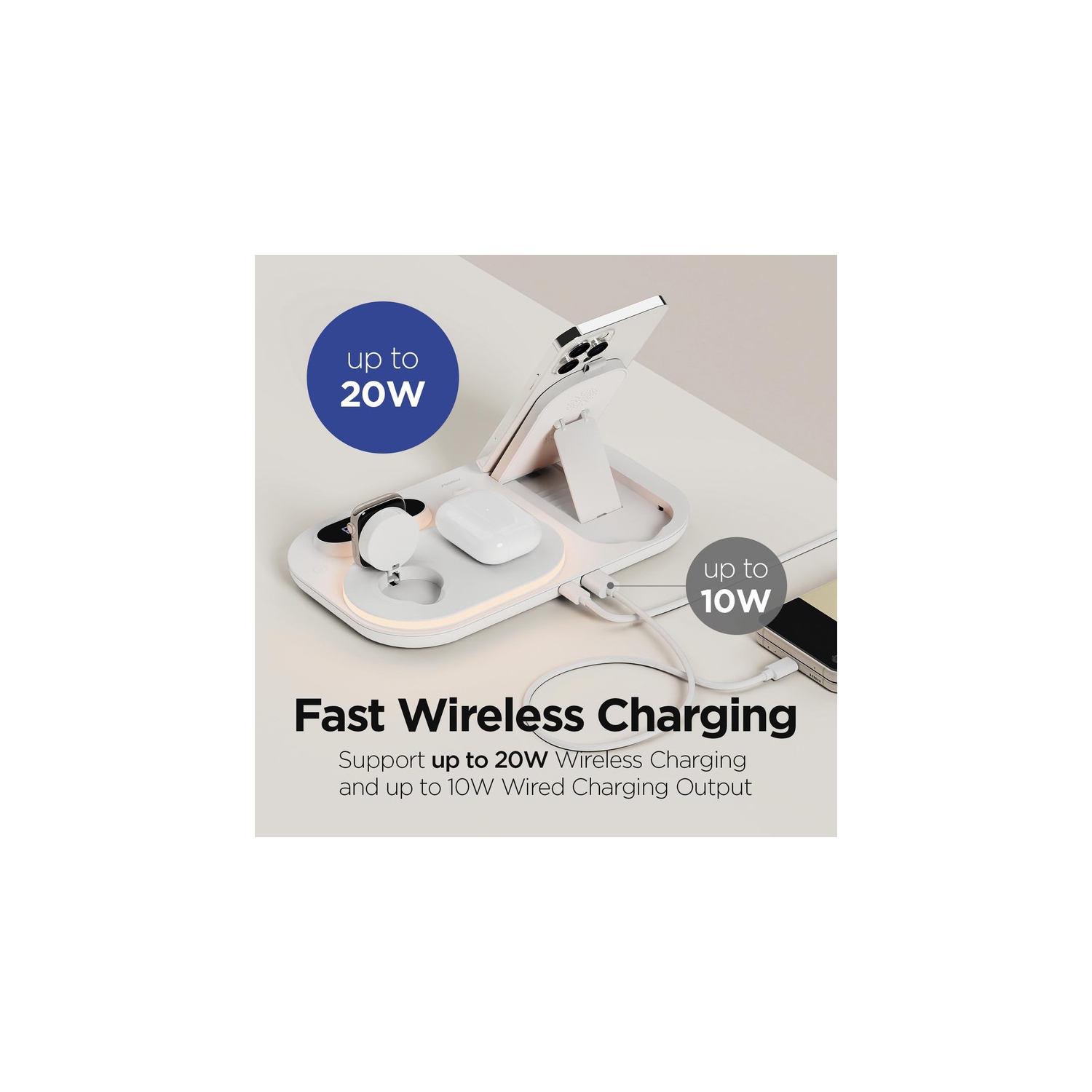 Réveille-matin 4-en-1 à recharge rapide sans fil, station de recharge sans fil avec horloge DEL