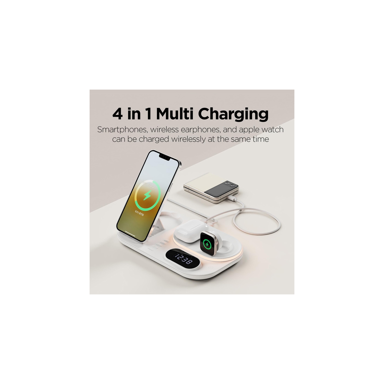 Réveille-matin 4-en-1 à recharge rapide sans fil, station de recharge sans fil avec horloge DEL