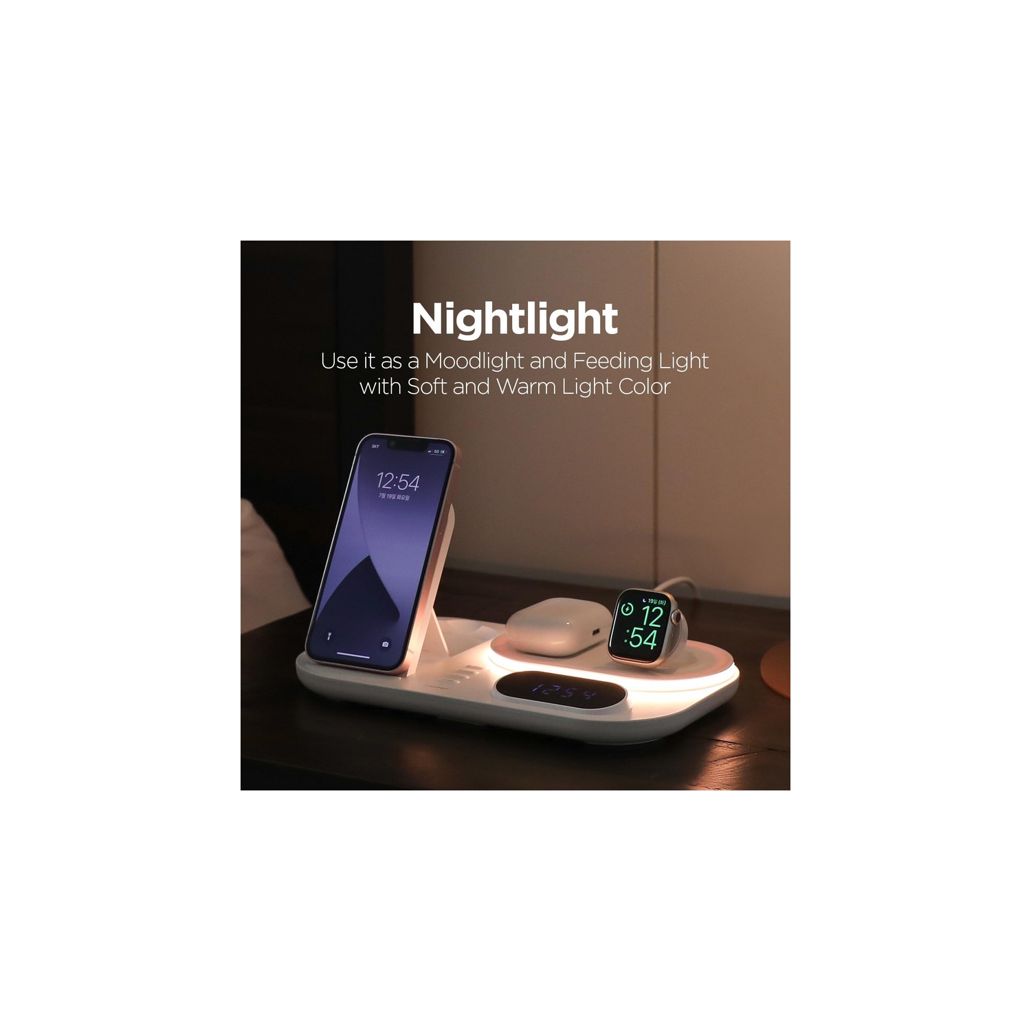 Réveille-matin 4-en-1 à recharge rapide sans fil, station de recharge sans fil avec horloge DEL