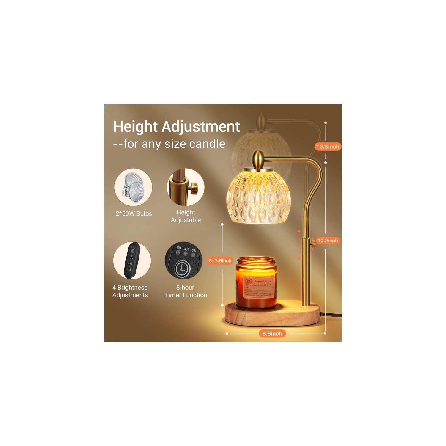 Candle Warmer, Candle Warmer Lamp with Timer & Dimmer Candle Warmer Height Adjustable for All Size Scented Candles, Candle Warmer with 2 * 50W Bulbs