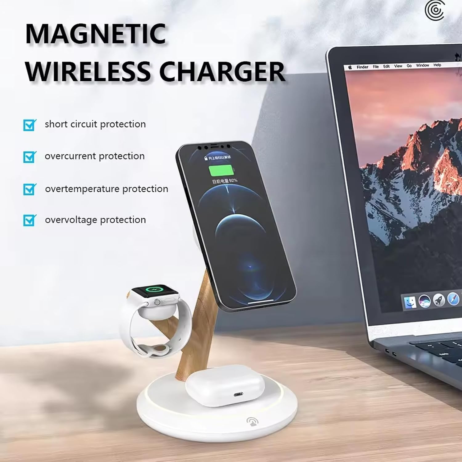 3 in 1 Wireless Charger Stand, Desktop Charging Station - 15W, Magnetically Attached Charging Pad, Automatic Induction Identification Charging