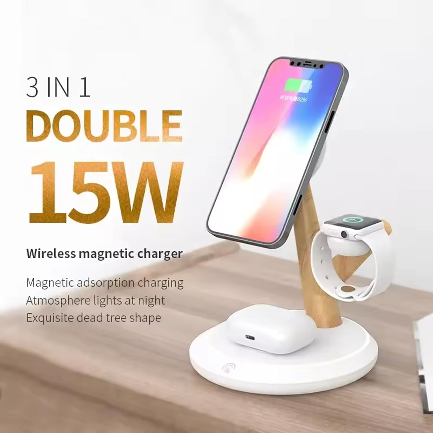 3 in 1 Wireless Charger Stand, Desktop Charging Station - 15W, Magnetically Attached Charging Pad, Automatic Induction Identification Charging
