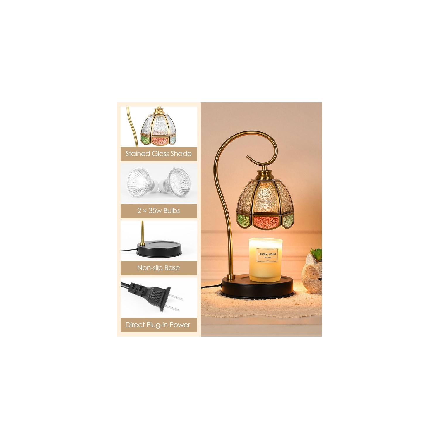 Réchauffe-bougie, chauffe-bougie électrique avec 2 ampoules, lampe à intensité réglable pour bougies en pot, chauffe-cire vintage parfumé avec