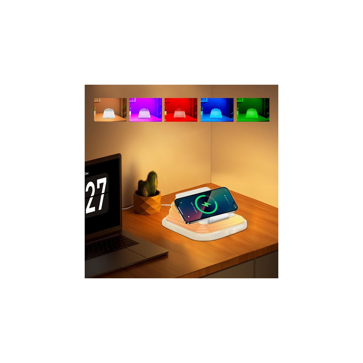 Portable night light,White,Nightstand lamp with 15W iphone wireless charging station,5 dimmable night light colors,Silicone LED night