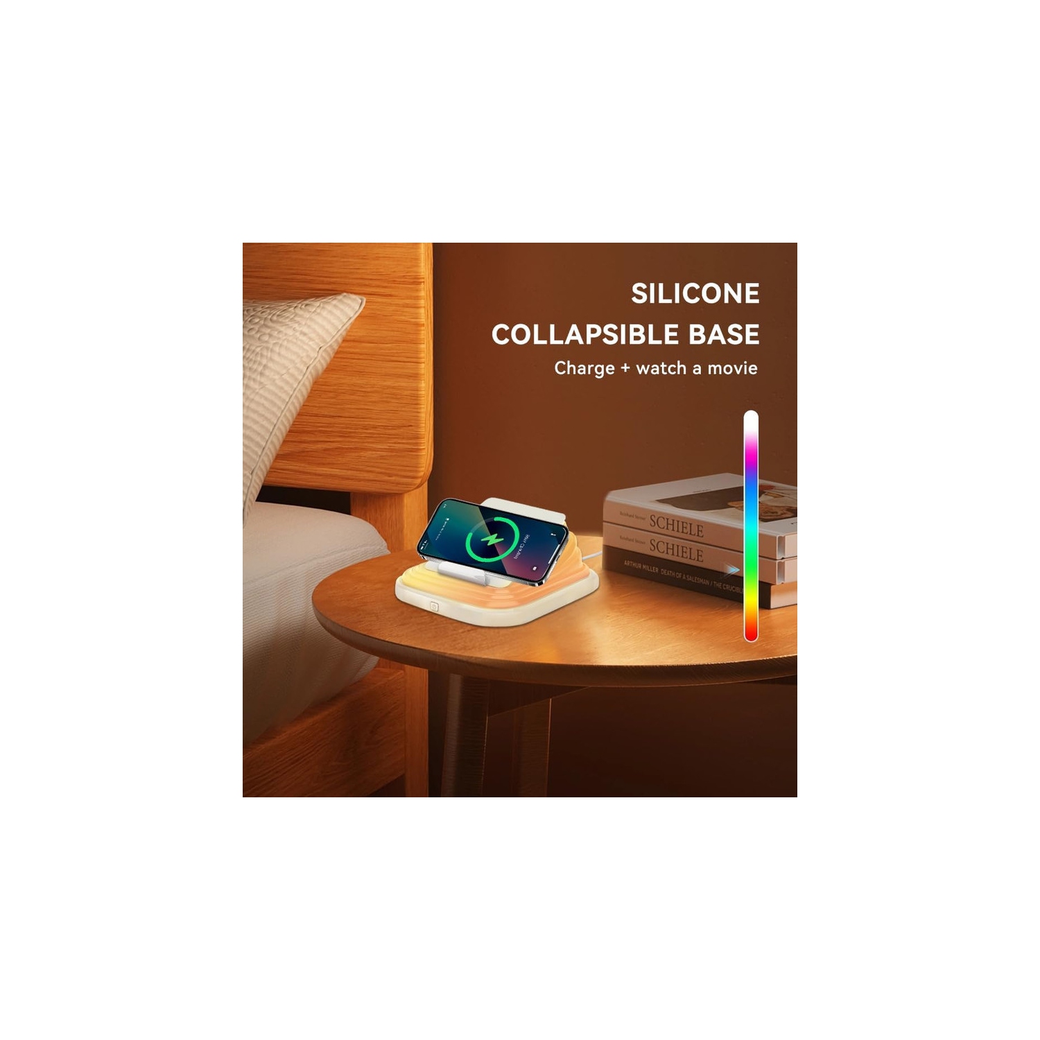 Portable night light,White,Nightstand lamp with 15W iphone wireless charging station,5 dimmable night light colors,Silicone LED night