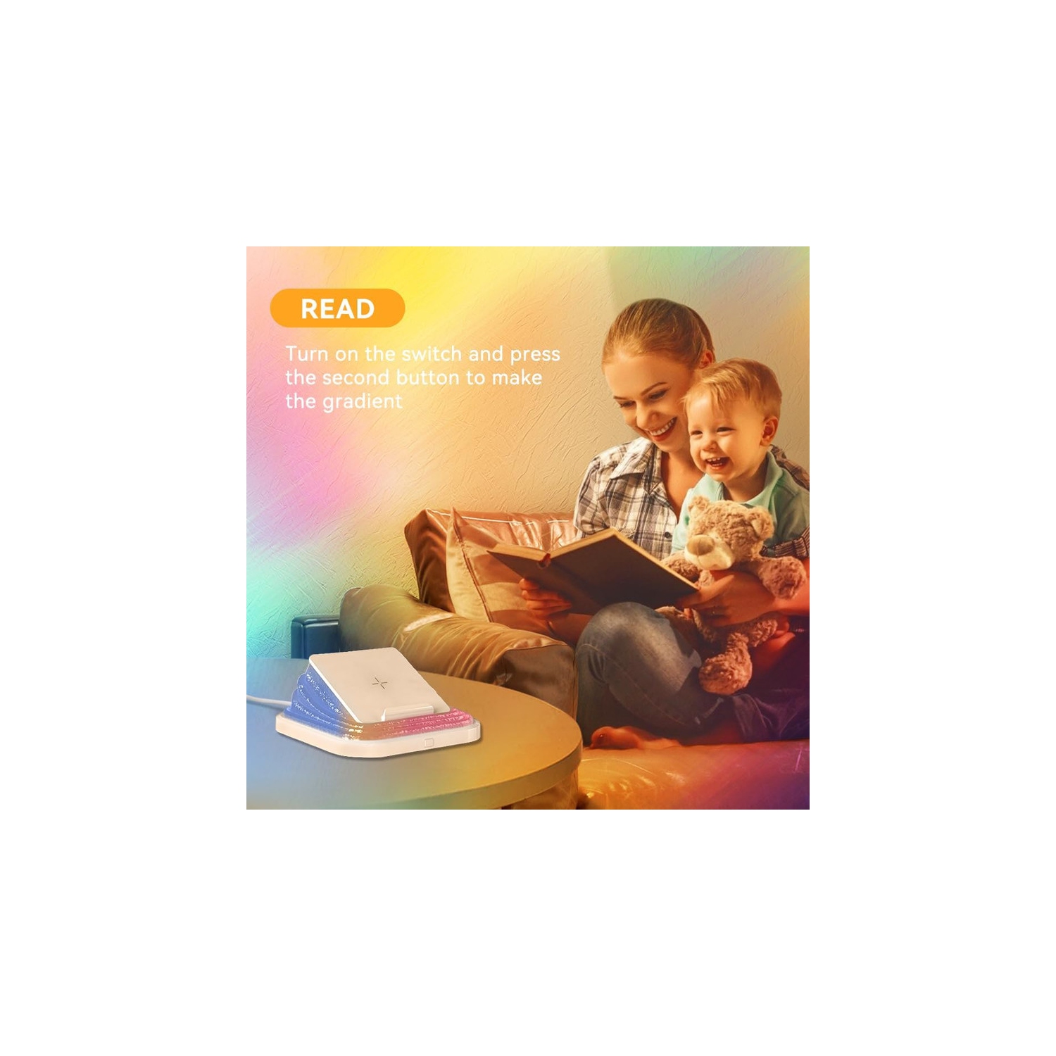 Portable night light,White,Nightstand lamp with 15W iphone wireless charging station,5 dimmable night light colors,Silicone LED night