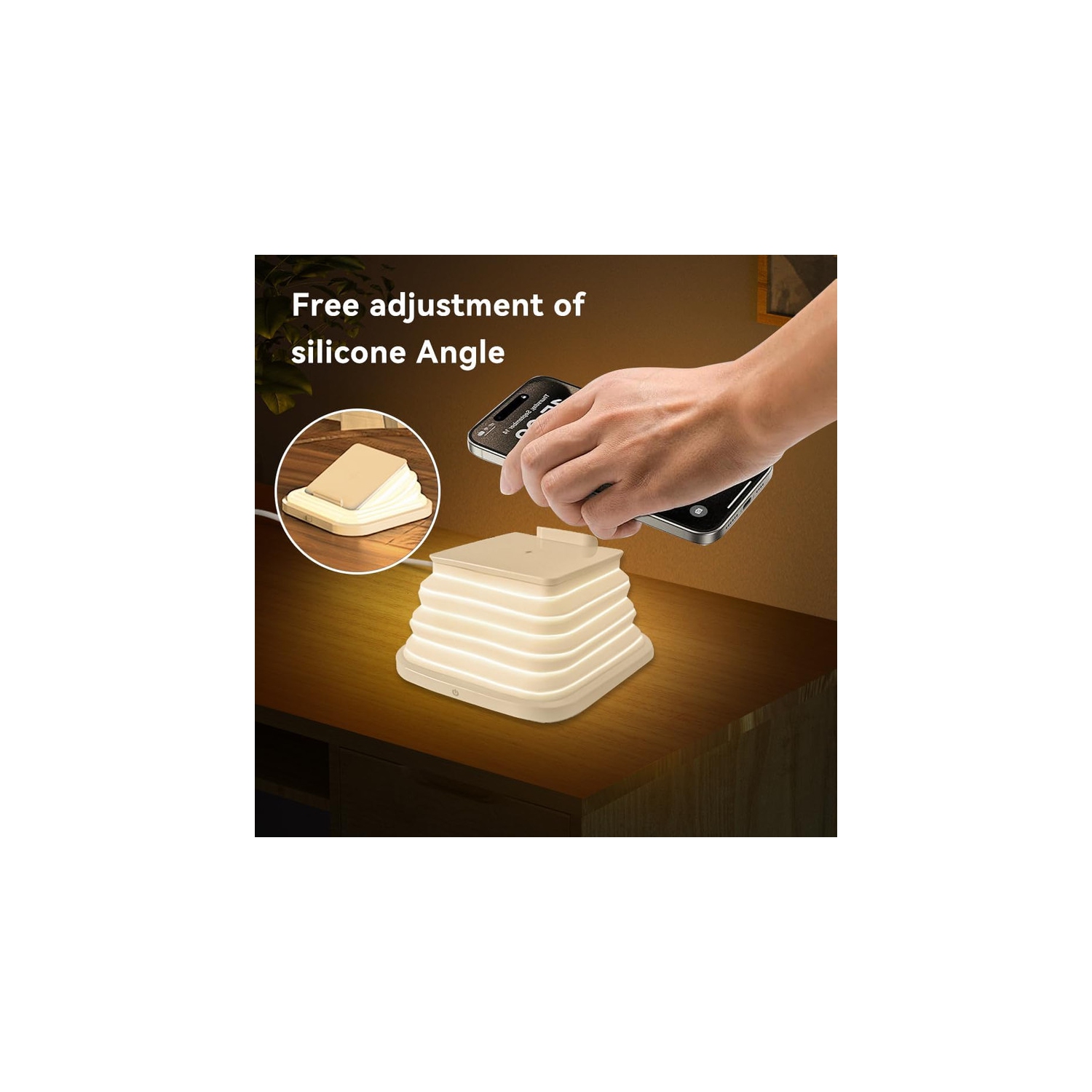 Portable night light,White,Nightstand lamp with 15W iphone wireless charging station,5 dimmable night light colors,Silicone LED night