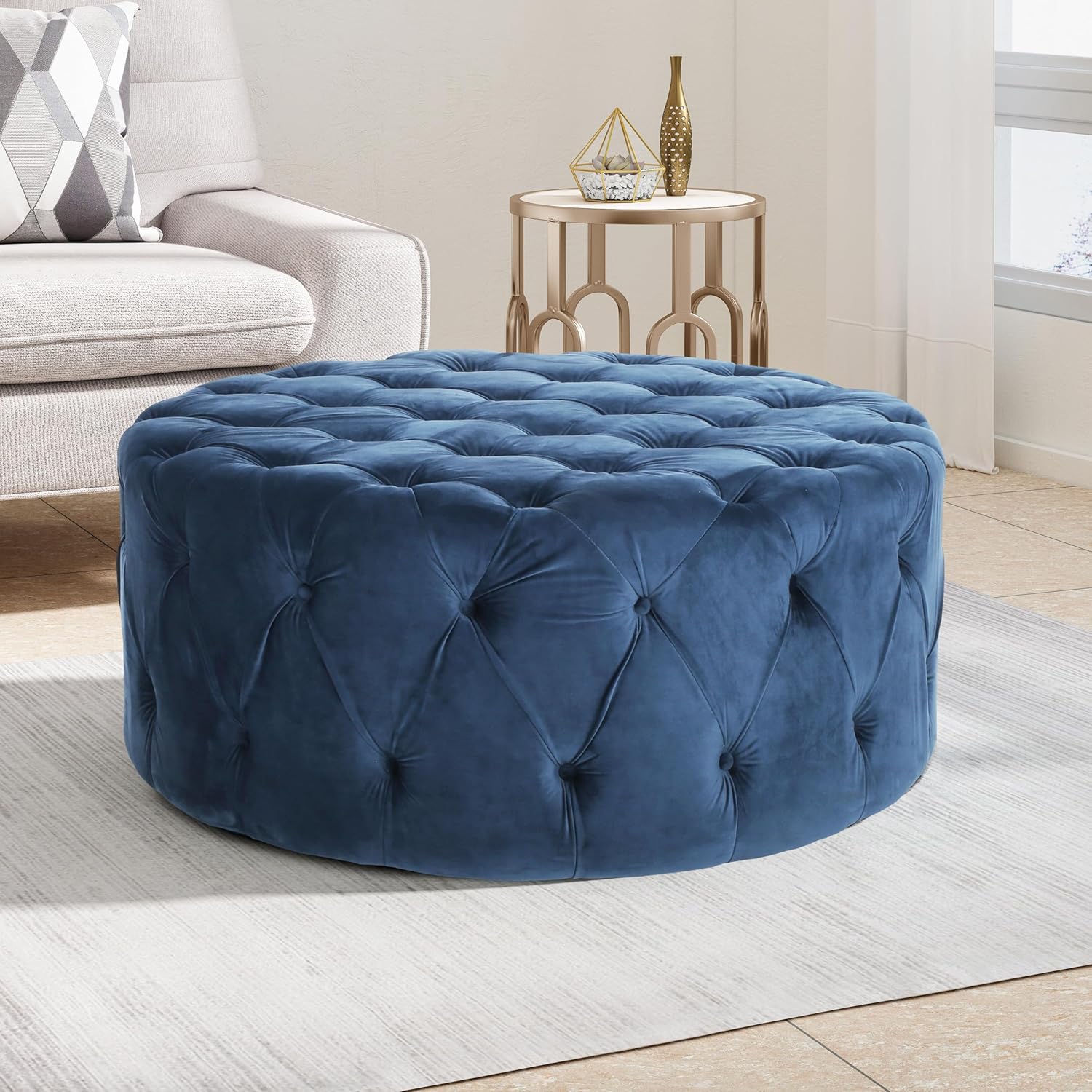 Grand pouf rond moderne rembourré de 40&nbsp;po Vevet avec repose-pieds capitonné, siège supplémentaire confortable avec cadre en bois pour le salon,
