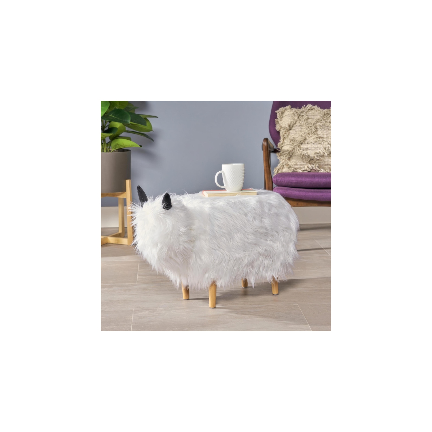 Adorable Upholstered White Yak Ottoman, Cute Wood Foot Stool Shoes Changing Seat with Cushioned for Adult Living Room, Bedroom, Nursery Gameroom,