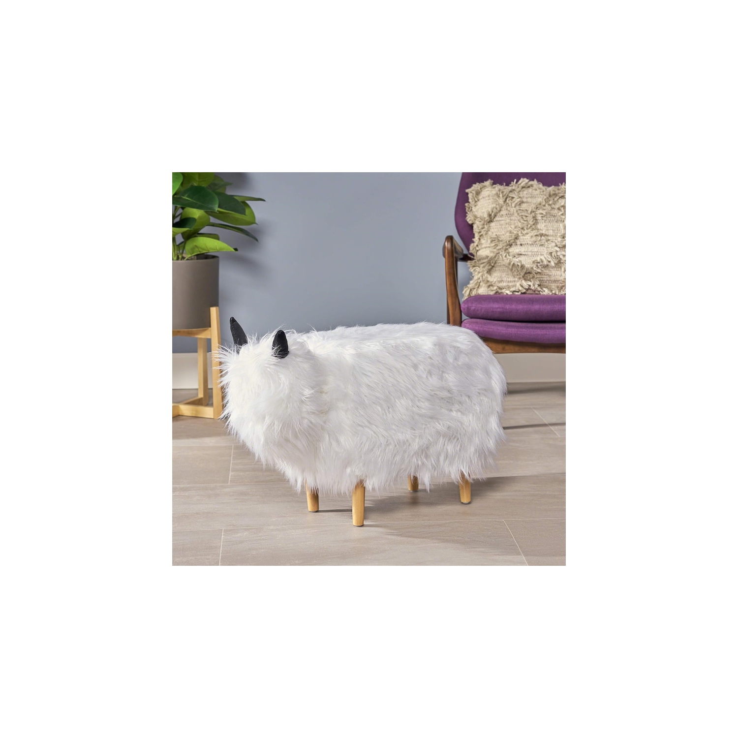 Adorable Upholstered White Yak Ottoman, Cute Wood Foot Stool Shoes Changing Seat with Cushioned for Adult Living Room, Bedroom, Nursery Gameroom,