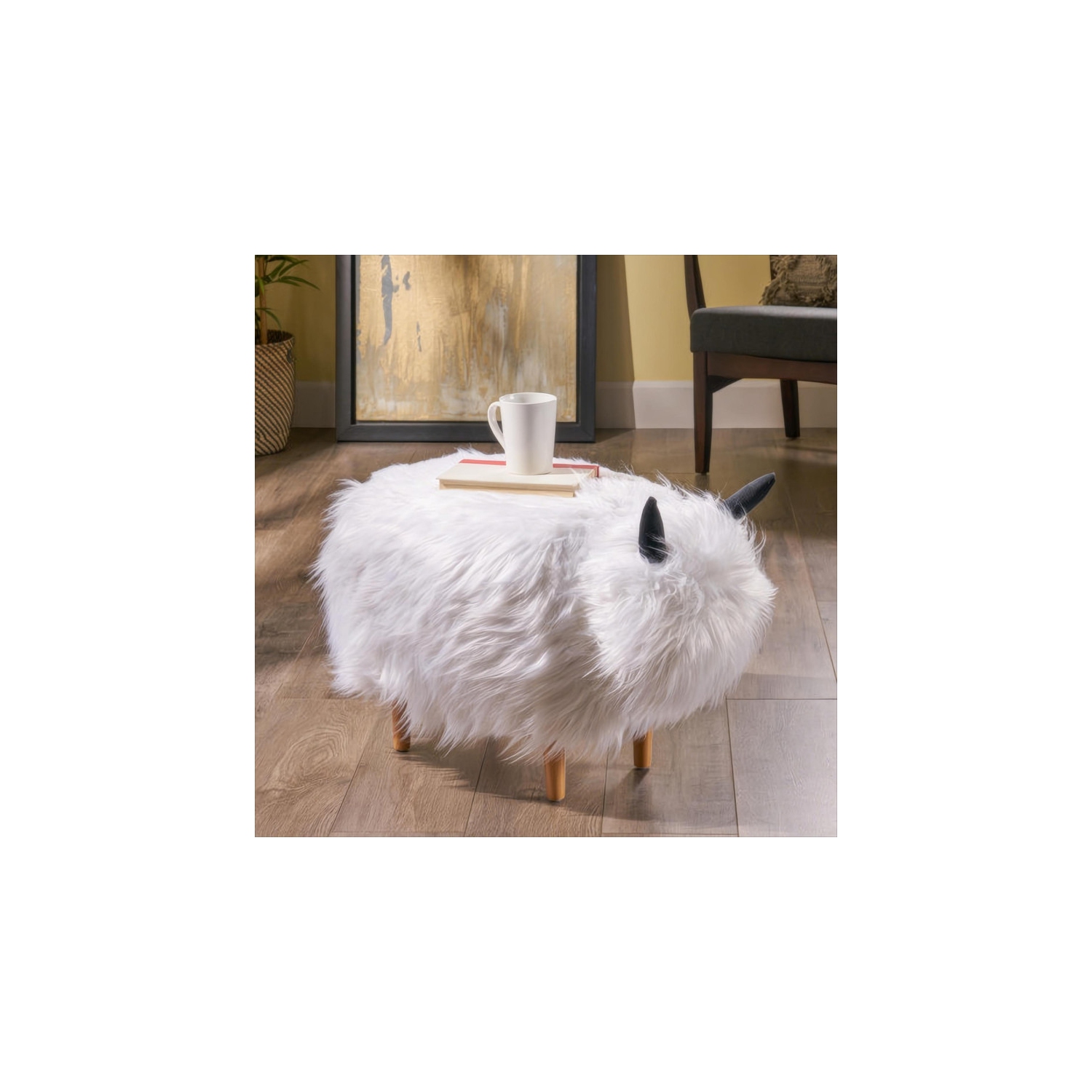 Adorable Upholstered White Yak Ottoman, Cute Wood Foot Stool Shoes Changing Seat with Cushioned for Adult Living Room, Bedroom, Nursery Gameroom,