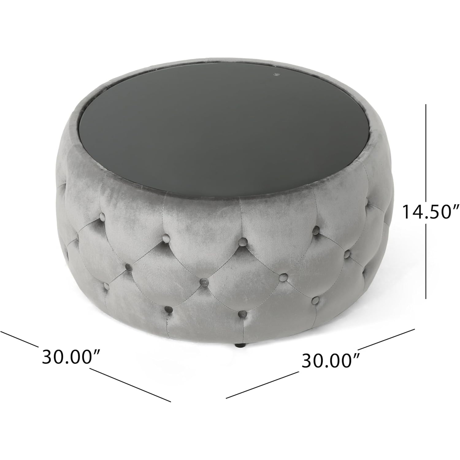 Pouf/table basse ronde en velours de 30&nbsp;po, table basse capitonnée à surface en verre trempé Table basse moderne en velours capitonné pour