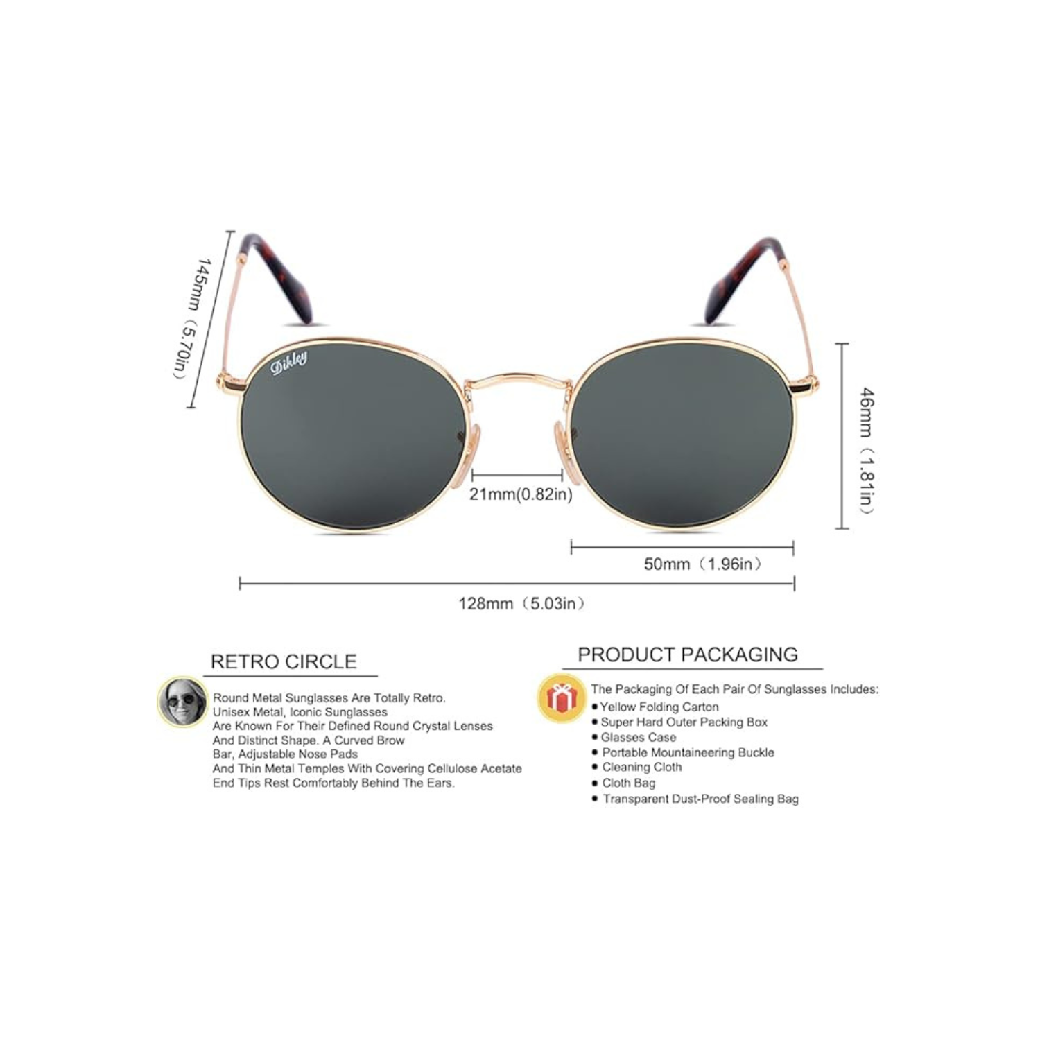 DIKLEY Classic Crystal Glass Lens Retro Square/Round/Pilot Metal Frame Sunglasses for Men Women,100% UV400 Protection