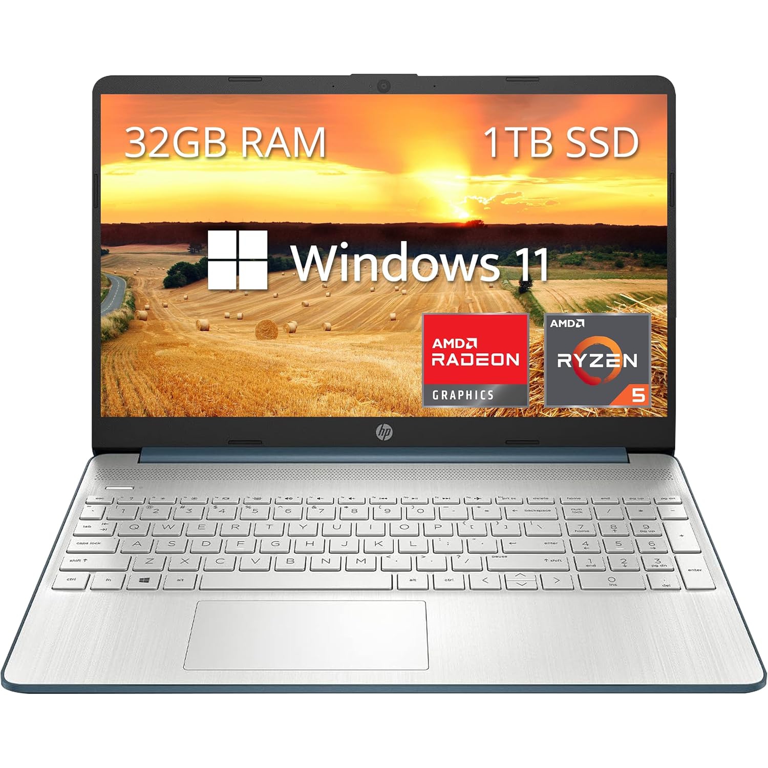 Open Box - HP 15.6" FHD Laptop, AMD Ryzen 5-5500U Processor, 1TB PCIe SSD, 32GB RAM, AMD Radeon Graphics, Numeric Keypad, HD Webcam, Bluetooth, Wi-Fi, Windows 11, Blue