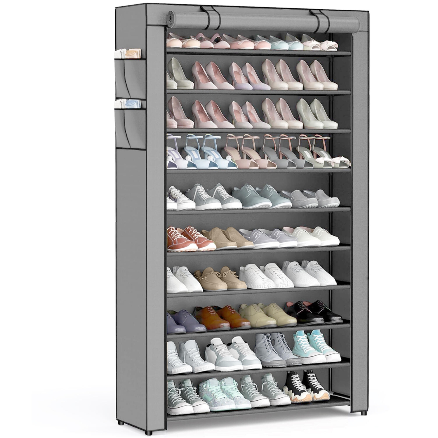 10 Tier Shoe Rack with Dust Cloth Cover, Large Capacity Tall Shoe Shelf Organizer Storage to 50 Pairs Shoes, Gray