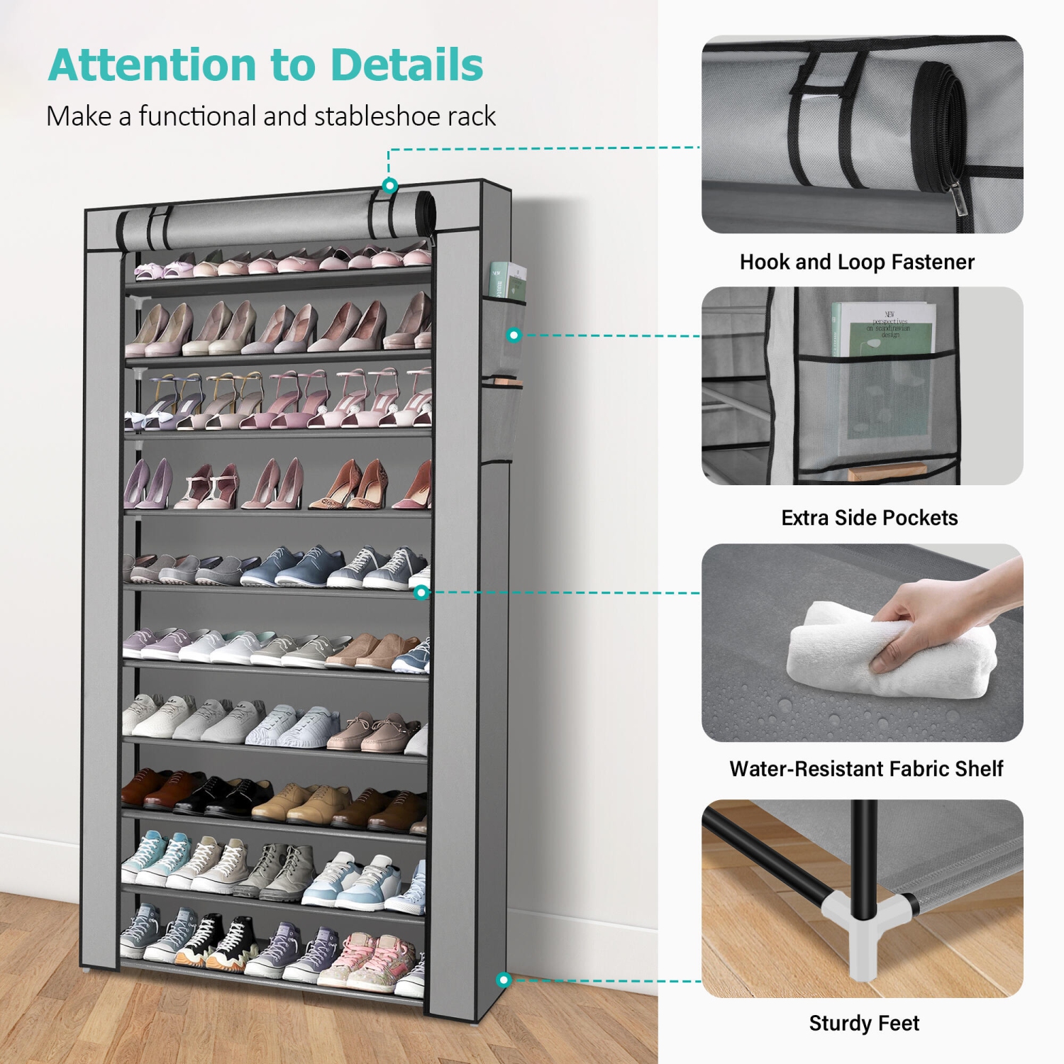 10 Tier Shoe Rack with Dust Cloth Cover, Large Capacity Tall Shoe Shelf Organizer Storage to 50 Pairs Shoes, Gray