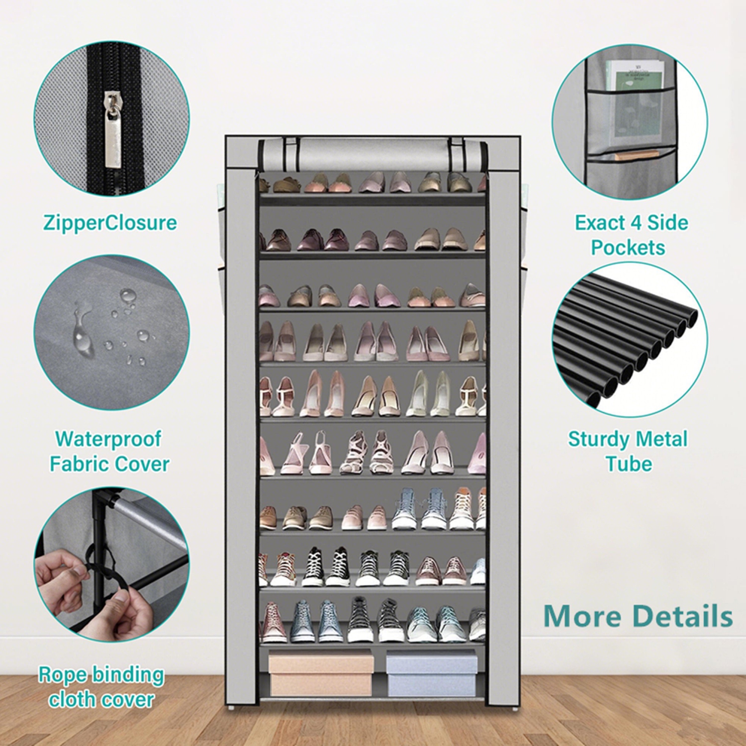 10 Tier Shoe Rack with Dust Cloth Cover, Large Capacity Tall Shoe Shelf Organizer Storage to 50 Pairs Shoes, Gray