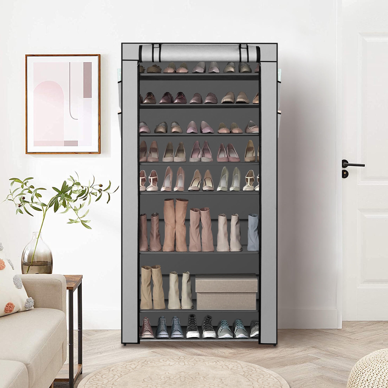 10 Tier Shoe Rack with Dust Cloth Cover, Large Capacity Tall Shoe Shelf Organizer Storage to 50 Pairs Shoes, Gray