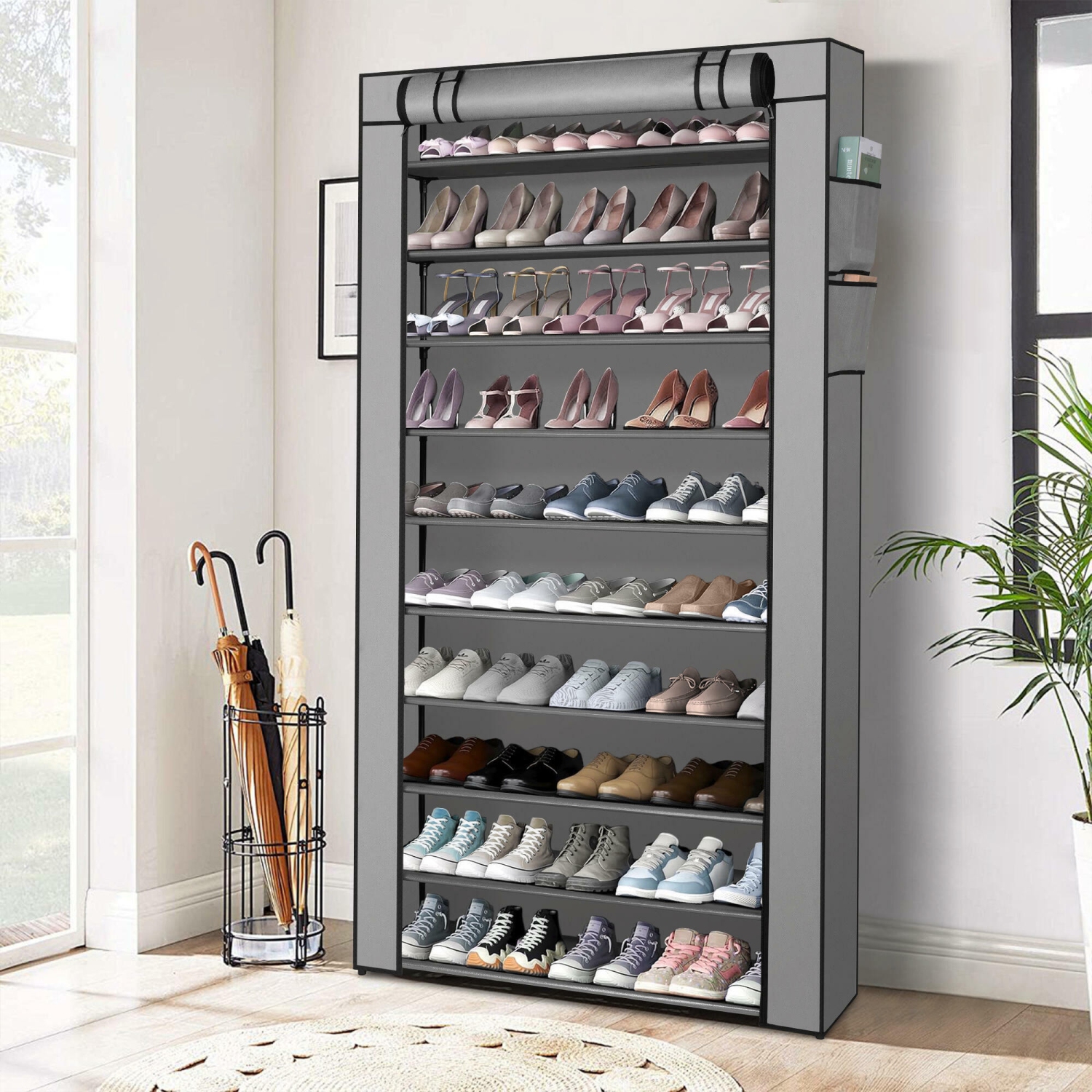10 Tier Shoe Rack with Dust Cloth Cover, Large Capacity Tall Shoe Shelf Organizer Storage to 50 Pairs Shoes, Gray
