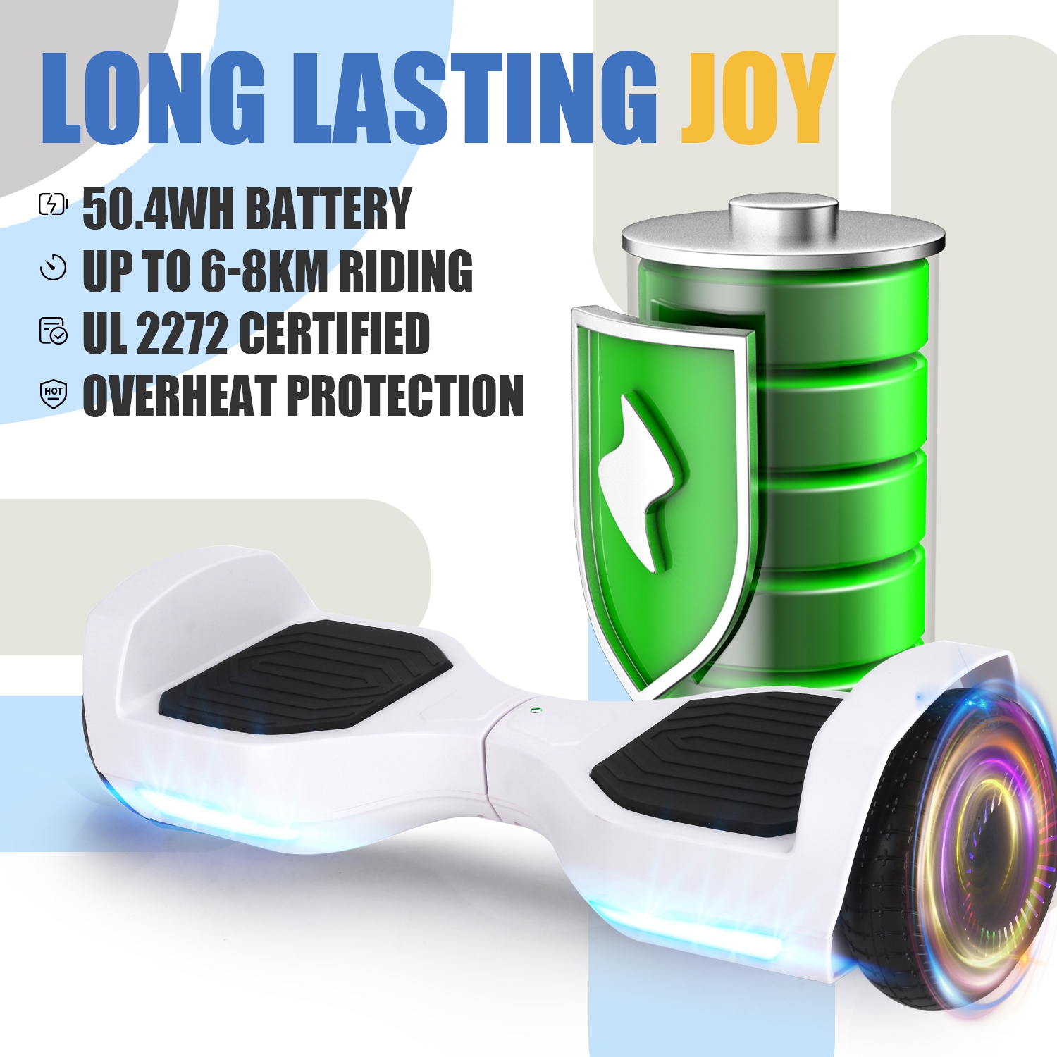 Planche gyroscopique BIIST Ultra Classic blanche avec haut-parleur musical, roues brillantes de 6,5 po, moteur 300 W, phares à DEL,