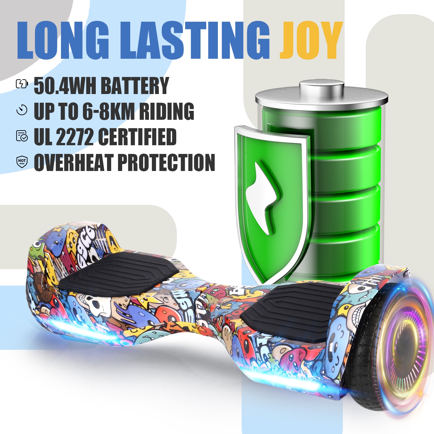 Planche gyroscopique Cartoon de BIIST Street avec haut-parleur musical, roues brillantes de 6,5&nbsp;po, moteur 300&nbsp;W, phares à DEL,