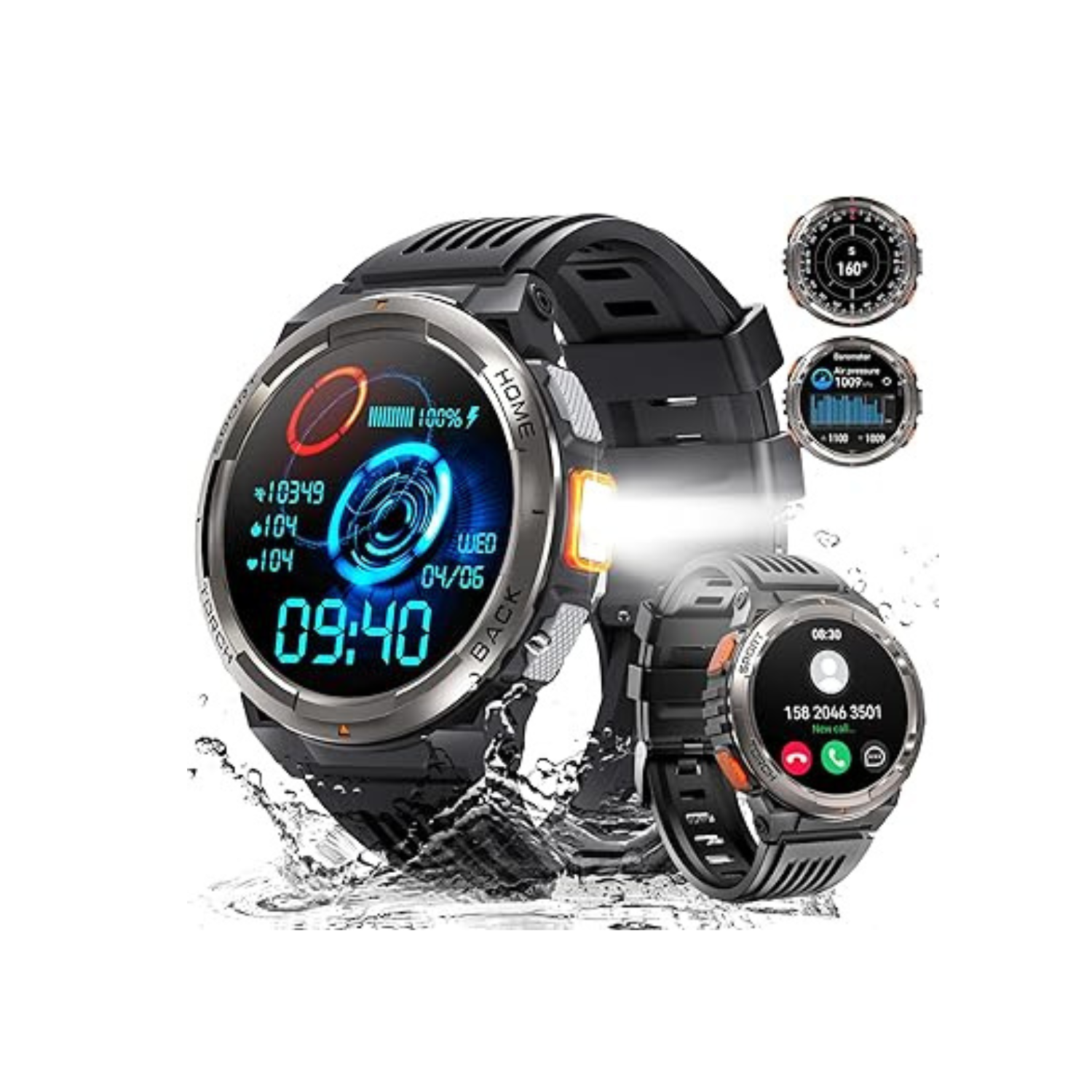 Military Smart Watches for Men with LED Flashlight, Tactical Rugged Smart Watch with 1.45" HD, 3ATM Waterproof & Compass, Sports Fitness Tracker with